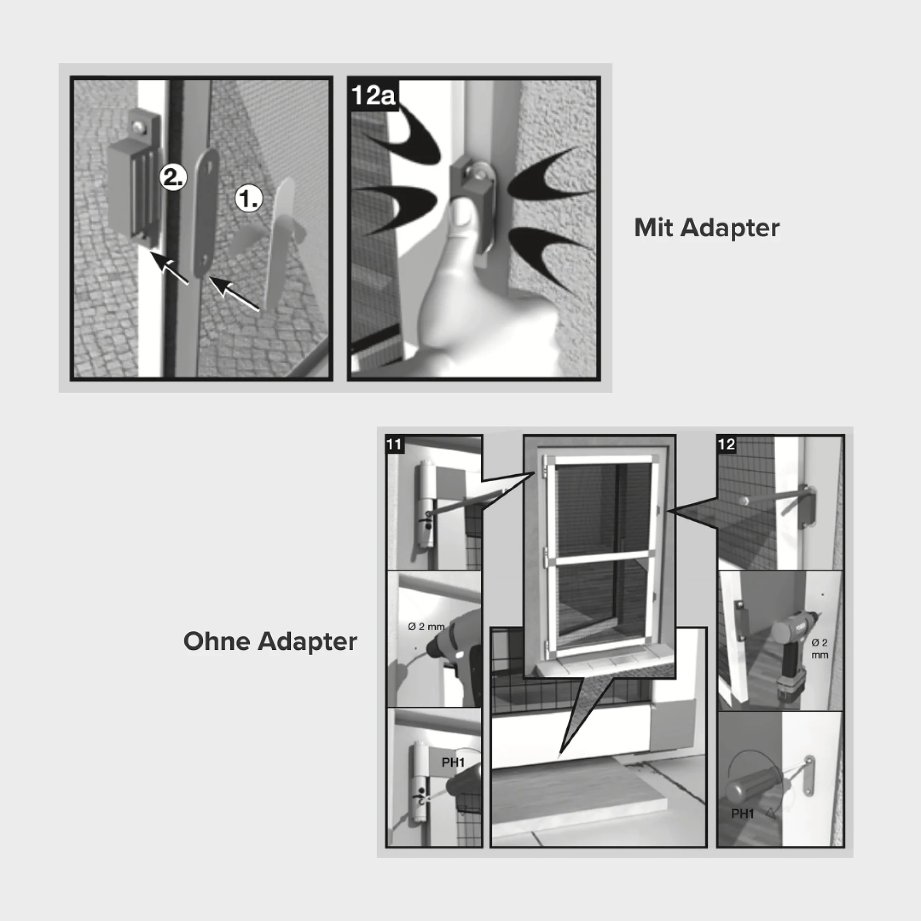 Diagramm, das zwei Installationsmethoden für ein Gerät zeigt. Der obere Abschnitt mit der Aufschrift „Mit Adapter“ enthält eine Stufe mit einem Adapter. Der untere Abschnitt mit der Aufschrift „Ohne Adapter“ zeigt Stufen ohne Adapter, ein offenes Fenster und verschiedene mit Maßangaben beschriftete Teile, wobei Tesa-Klebeband zur sicheren Befestigung verwendet wird. (This text has been generated by AI)