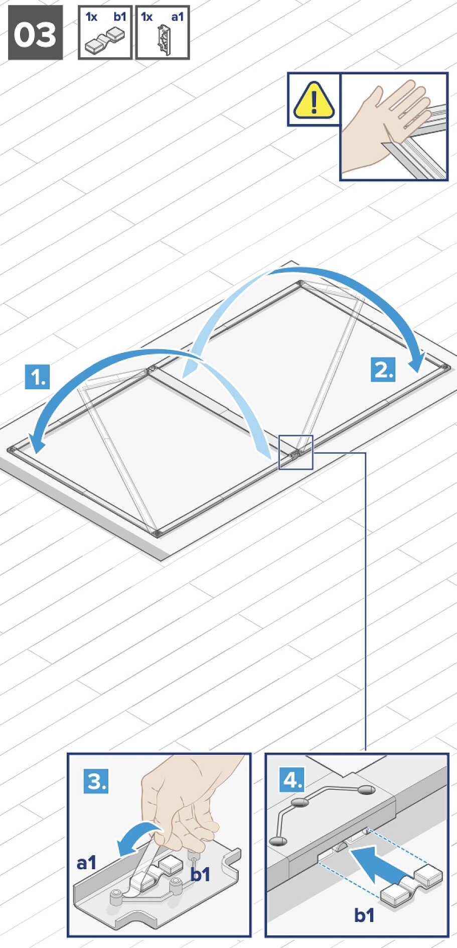 Montageanleitung mit einer Schritt-für-Schritt-Anleitung zum Anbringen eines mit „a1“ gekennzeichneten Teils an einer Struktur. Die Anleitung enthält Diagramme mit Handpositionen und Warnsymbolen. Die Schritte 1 bis 4 zeigen, wie die mit „a1“ und „b1“ gekennzeichneten Teile nacheinander mit Tesa-Klebeband positioniert und befestigt werden. (This text has been generated by AI)