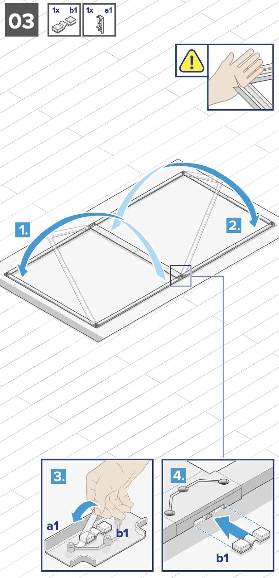 Montageanleitung mit einer Schritt-für-Schritt-Anleitung zum Anbringen eines mit „a1“ gekennzeichneten Teils an einer Struktur. Die Anleitung enthält Diagramme mit Handpositionen und Warnsymbolen. Die Schritte 1 bis 4 zeigen, wie die mit „a1“ und „b1“ gekennzeichneten Teile nacheinander mit Tesa-Klebeband positioniert und befestigt werden. (This text has been generated by AI)