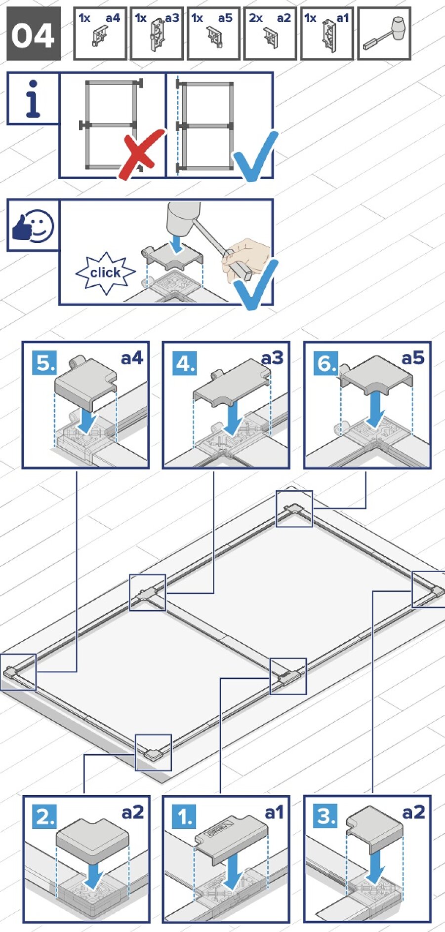 Schritt-für-Schritt-Anleitung zum Zusammenbau eines Rahmens. Enthält Abbildungen der Teile mit den Bezeichnungen a1, a2, a3, a4, a5. Ein Hammer klopft Verbindungsstücke mit Tesa-Klebeband fest. Pfeile zeigen die Reihenfolge der Teileeinfügung an, wobei Tesa-Klebeband zur Stabilisierung verwendet wird. Unten ist ein vollständig zusammengebauter Rahmen mit Unterstützung durch Tesa-Klebeband abgebildet. (This text has been generated by AI)