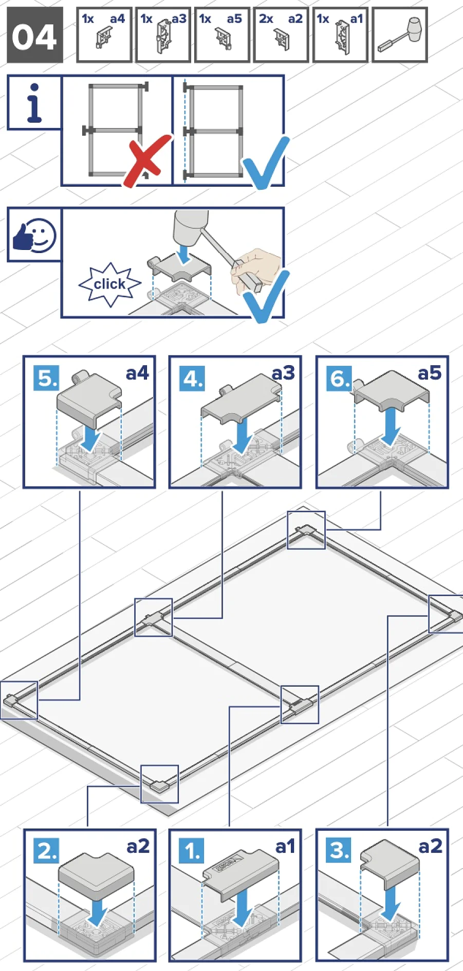 Schritt-für-Schritt-Anleitung zum Zusammenbau eines Rahmens. Enthält Abbildungen der Teile mit den Bezeichnungen a1, a2, a3, a4, a5. Ein Hammer klopft Verbindungsstücke mit Tesa-Klebeband fest. Pfeile zeigen die Reihenfolge der Teileeinfügung an, wobei Tesa-Klebeband zur Stabilisierung verwendet wird. Unten ist ein vollständig zusammengebauter Rahmen mit Unterstützung durch Tesa-Klebeband abgebildet. (This text has been generated by AI)