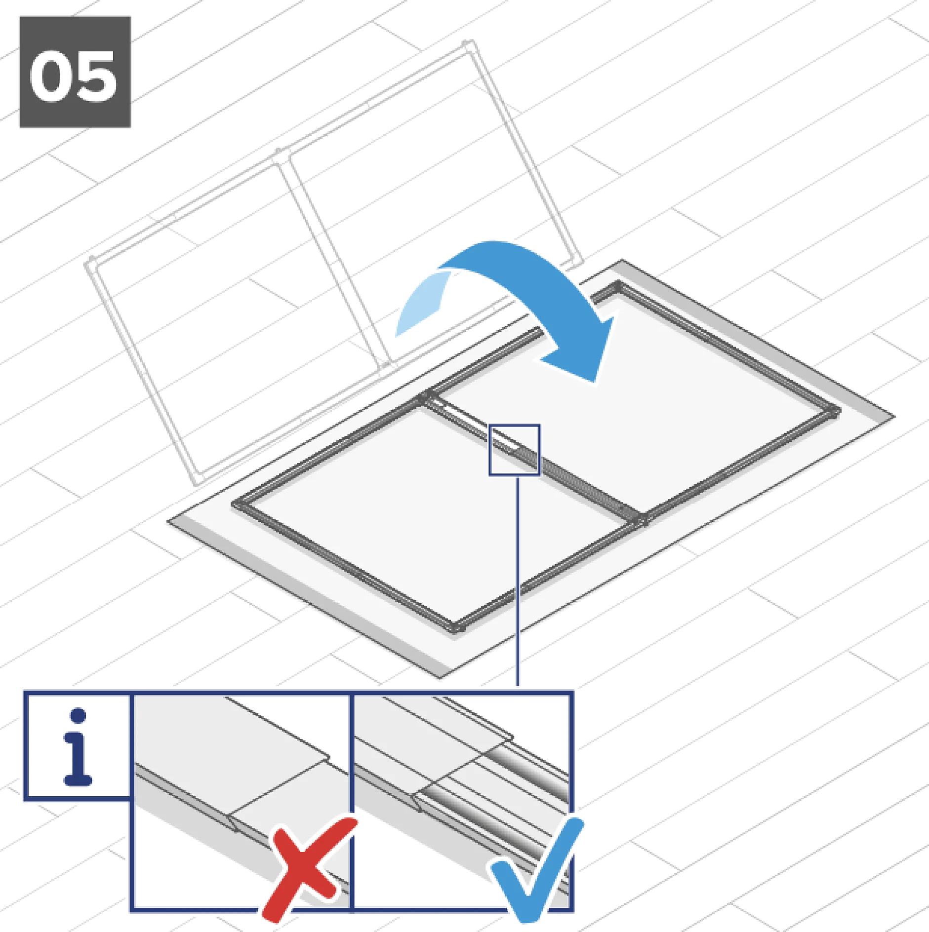Anleitungsdiagramm, das zeigt, wie eine Fliese in einen Rahmen gelegt wird, wobei ein Pfeil die Bewegung anzeigt. Eine Nahaufnahme veranschaulicht die richtige Methode mit einem Häkchen und die falsche Methode mit einem Kreuz. Die Verwendung von Tesa-Klebeband kann eine präzise Platzierung und sichere Positionierung der Fliese gewährleisten. Schrittnummer „05“ befindet sich in der oberen linken Ecke. (This text has been generated by AI)
