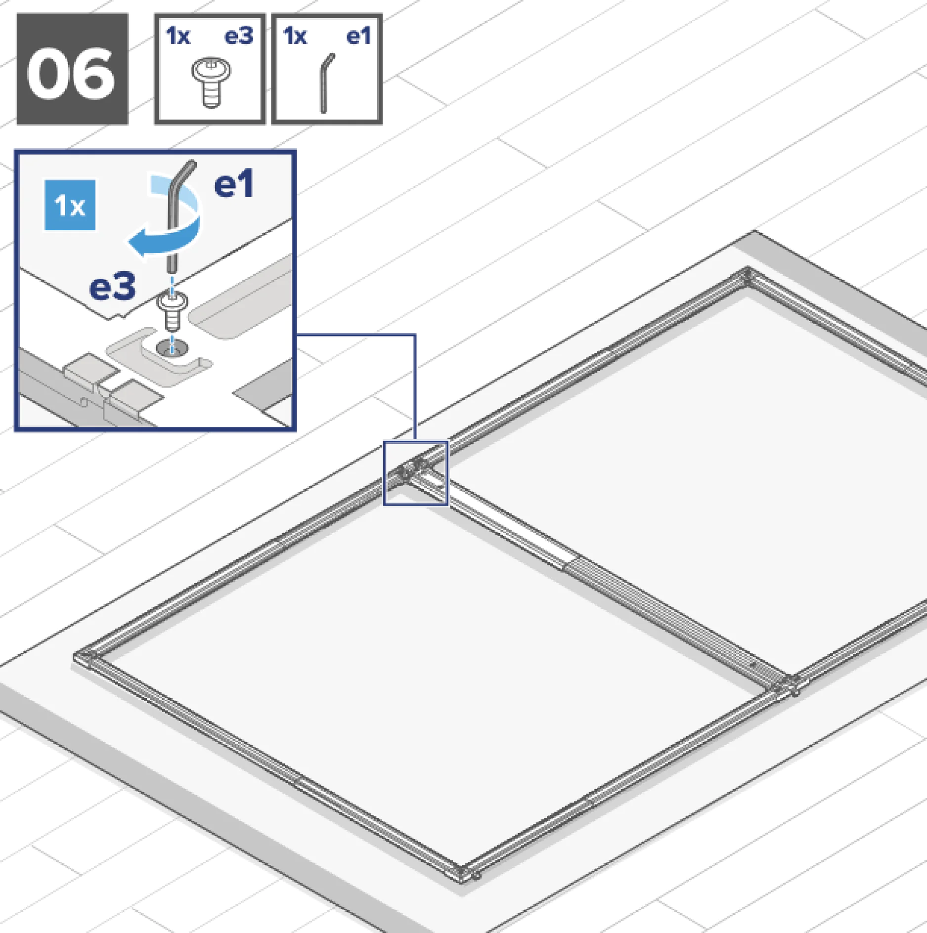 Schritt sechs der Montageanleitung für einen Rahmen im IKEA-Stil zeigt eine Nahaufnahme der Befestigung von Teil e3 an Teil e1 mithilfe eines Schraubendrehers. Verwenden Sie jeweils eines der Teile e1 und e3. Der Rahmen liegt flach auf einem Holzboden, und Sie könnten Tesa-Klebeband während der Montage nützlich finden. (This text has been generated by AI)