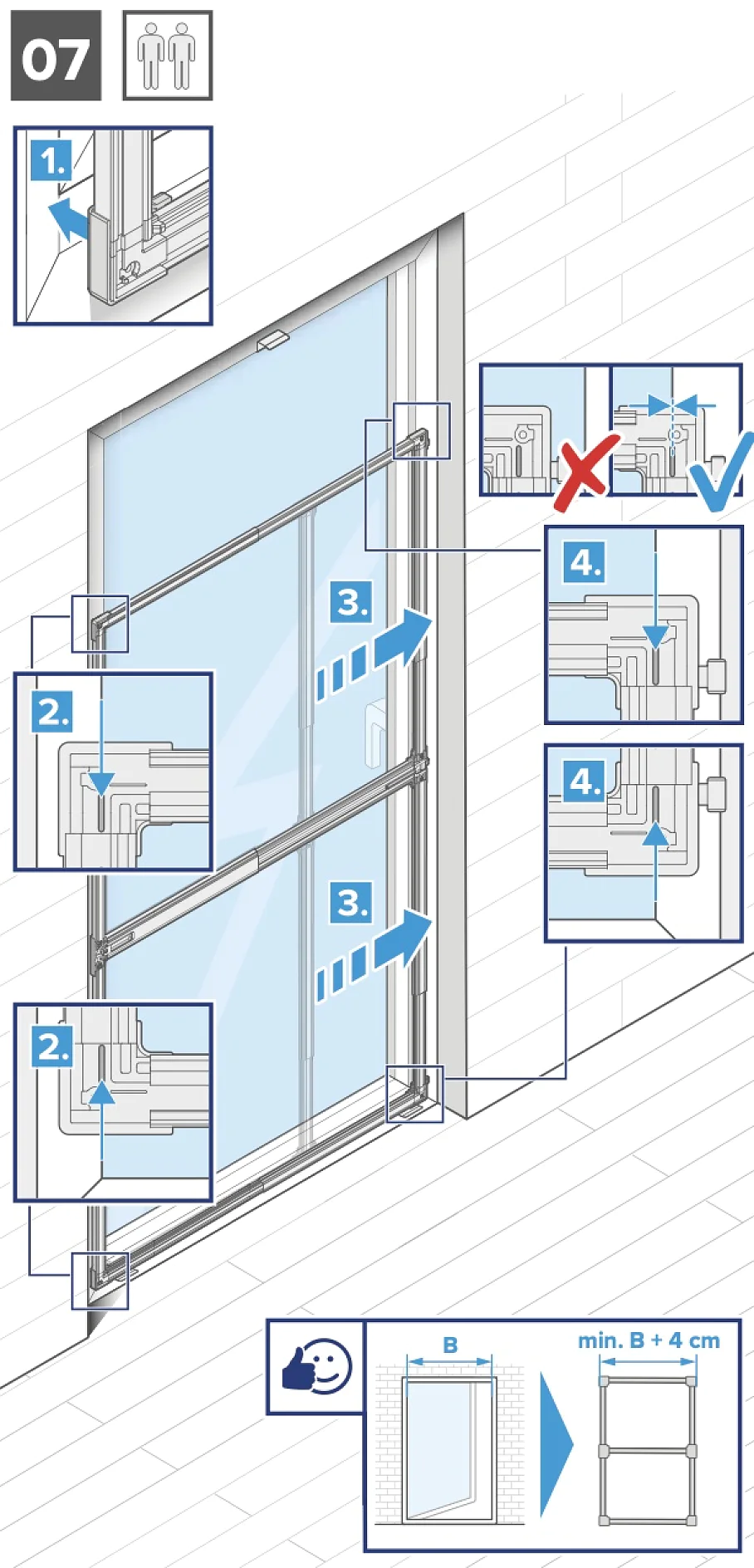 Abbildung der Fensterinstallationsanleitung. Die Tafeln zeigen die schrittweise Montage und Platzierung der Fensterteile. Die eingefügten Diagramme konzentrieren sich auf Scharniere, Schiebemechanismen und Abmessungen. Das Symbol unten zeigt mit einem Häkchen und einem Kreuzsymbol den erforderlichen Mindestabstand an. (This text has been generated by AI)