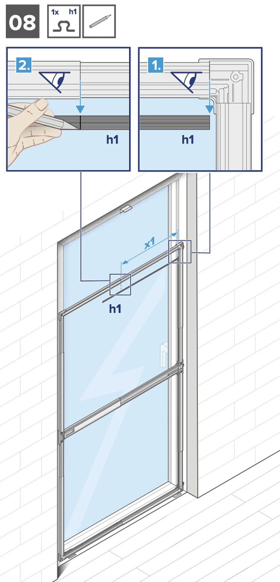 Abbildung mit Anleitung zum Anbringen eines Fenstergitters. Enthält zwei detaillierte Schritte in Kästen: Einsetzen des Gitters in eine Nut mit einem Werkzeug und Befestigen mit Tesa-Klebeband. Das Hauptbild zeigt die mit h1 und x1 bezeichneten Maße am Fenster. (This text has been generated by AI)