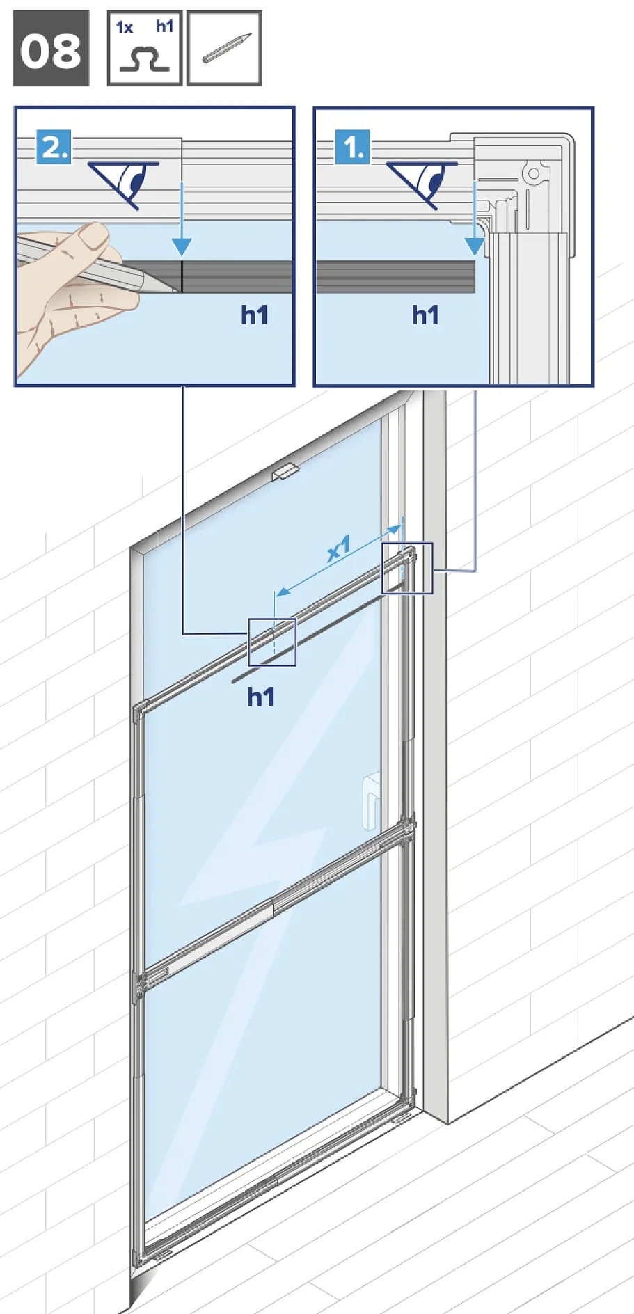 Abbildung mit Anleitung zum Anbringen eines Fenstergitters. Enthält zwei detaillierte Schritte in Kästen: Einsetzen des Gitters in eine Nut mit einem Werkzeug und Befestigen mit Tesa-Klebeband. Das Hauptbild zeigt die mit h1 und x1 bezeichneten Maße am Fenster. (This text has been generated by AI)