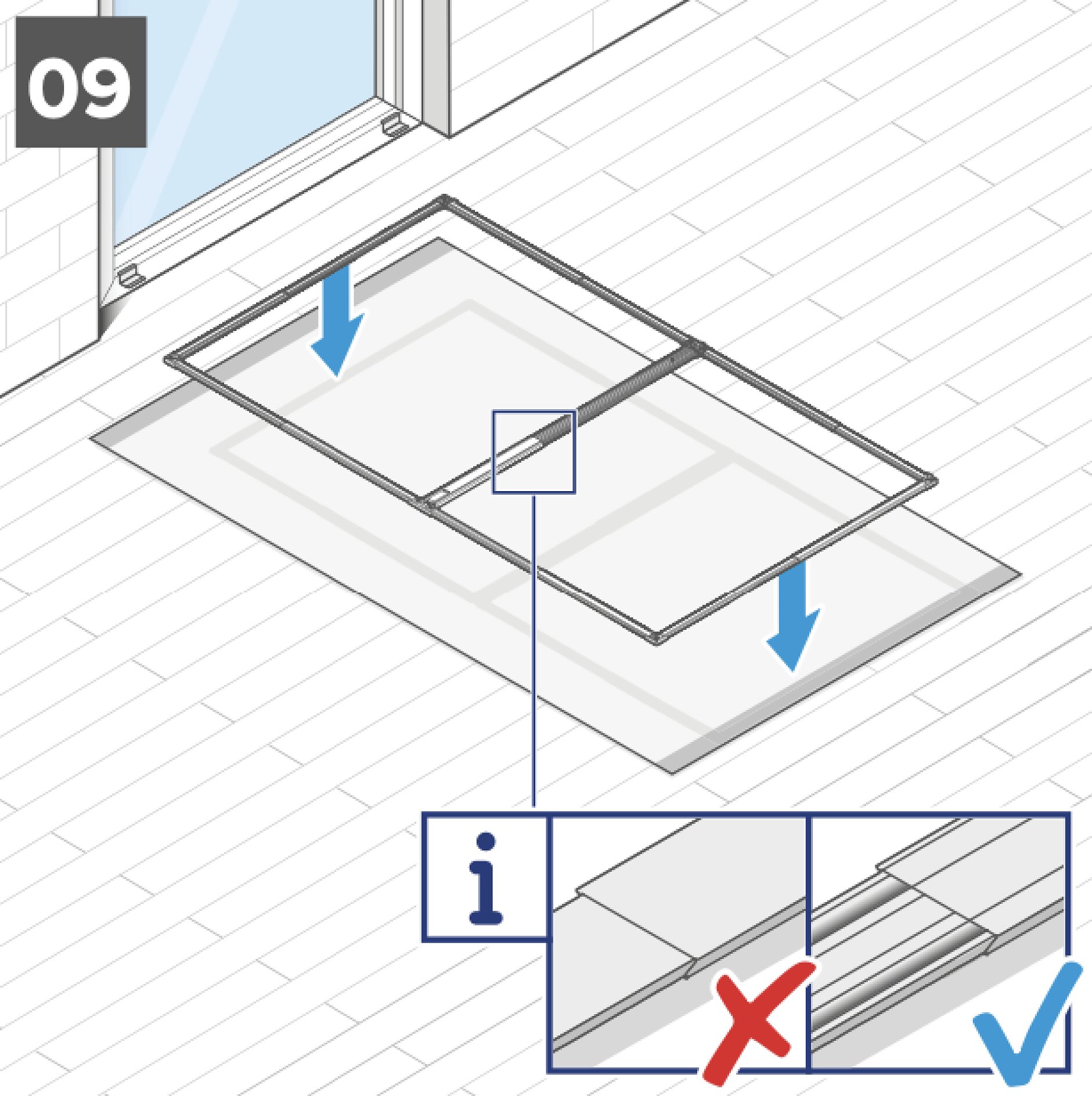 Diagramm zur Installation eines Fliegengitters für Schiebetüren. Zwei blaue Pfeile zeigen die Schieberichtungen an. Ein Einschub zeigt die korrekte Platzierung mit einem Häkchen und die falsche Platzierung mit einem X. Zur sicheren Befestigung wird Tesa-Klebeband verwendet. Die Nummer 09 befindet sich in der oberen linken Ecke. (This text has been generated by AI)