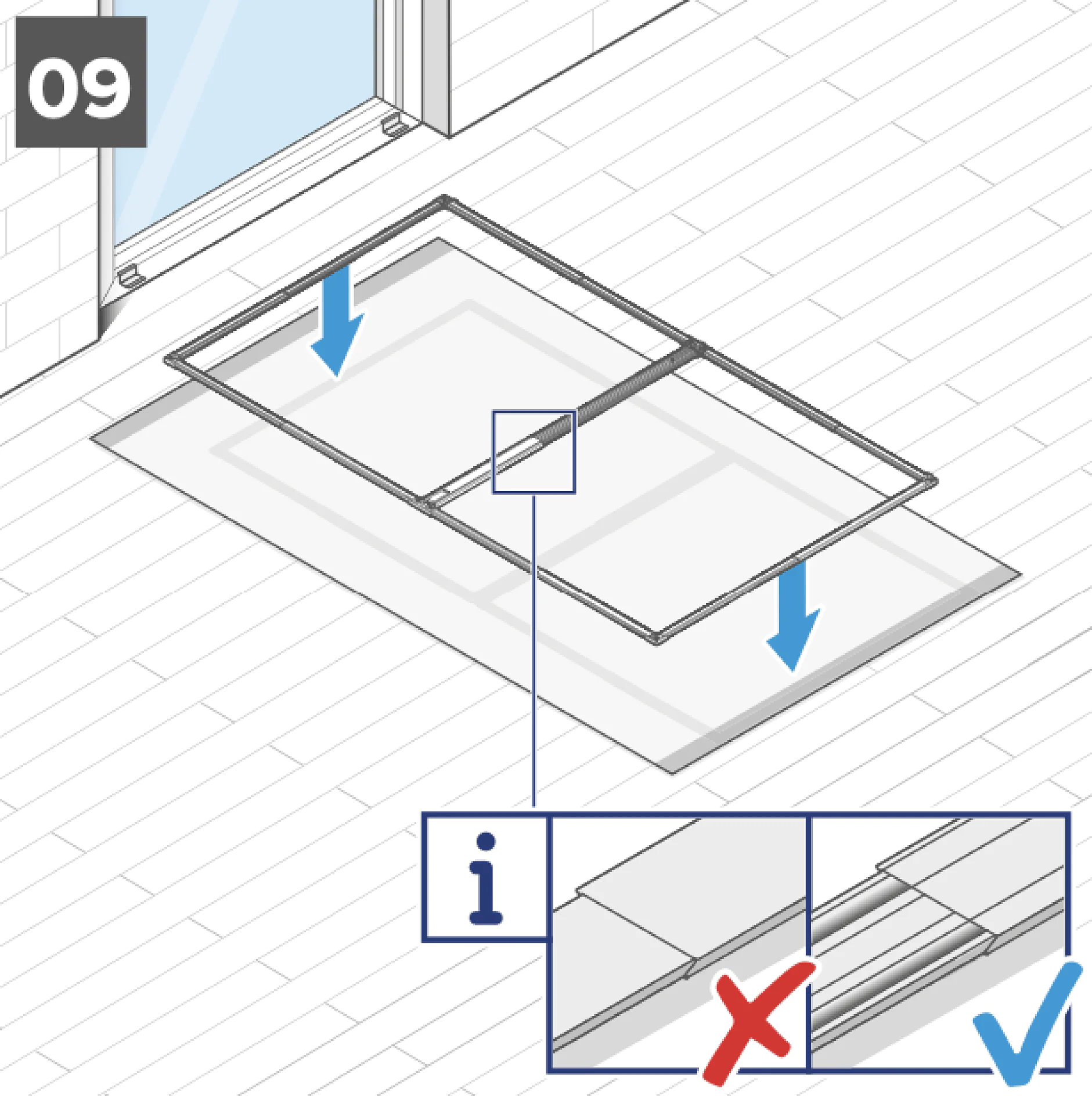 Diagramm zur Installation eines Fliegengitters für Schiebetüren. Zwei blaue Pfeile zeigen die Schieberichtungen an. Ein Einschub zeigt die korrekte Platzierung mit einem Häkchen und die falsche Platzierung mit einem X. Zur sicheren Befestigung wird Tesa-Klebeband verwendet. Die Nummer 09 befindet sich in der oberen linken Ecke. (This text has been generated by AI)