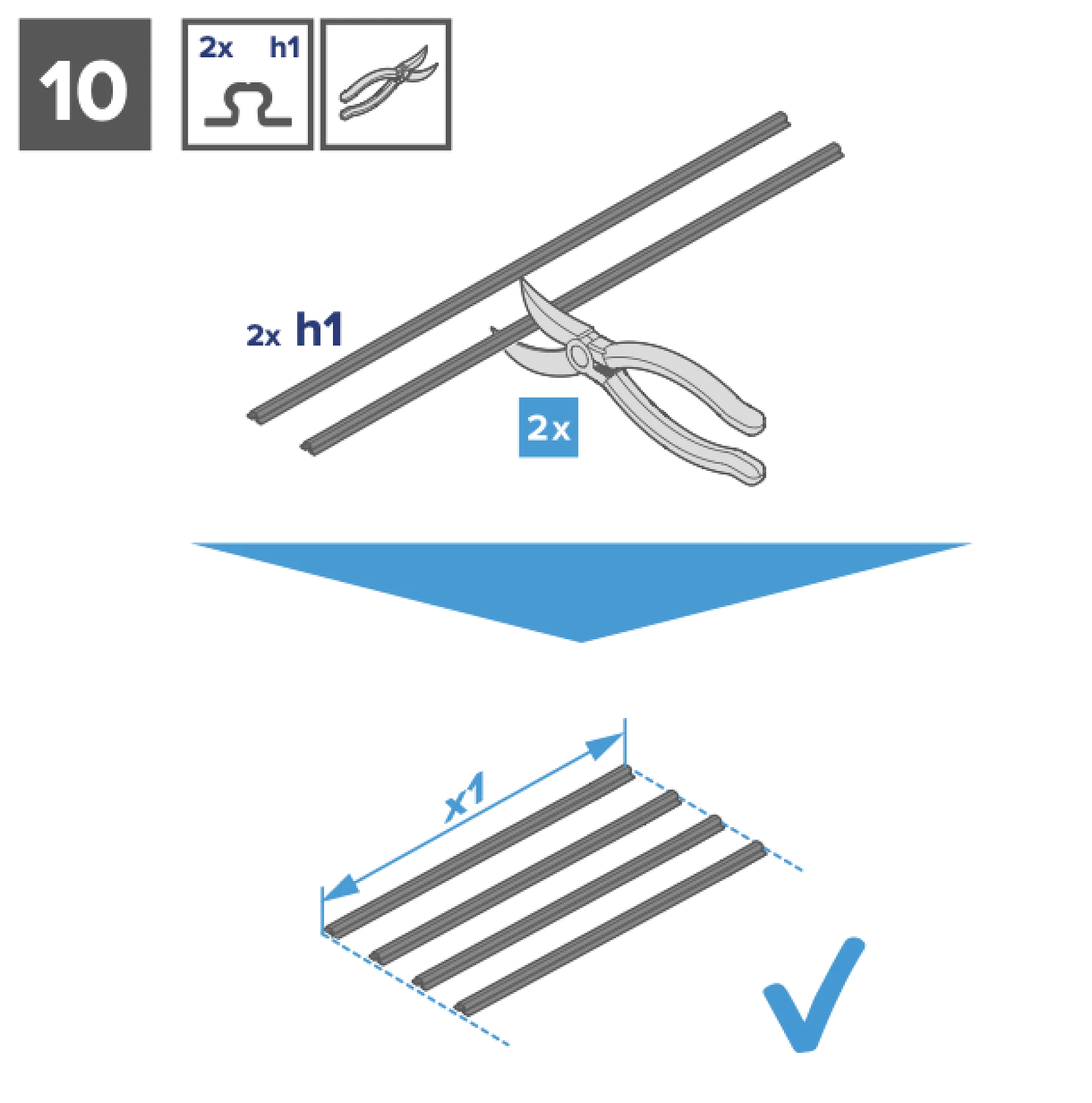 Anleitungsdiagramm, das Schritt 10 beim Zusammenbau eines Produkts zeigt. Zwei lange, dünne Stücke mit der Bezeichnung 2x h1 werden mit einer Schere mit der Bezeichnung 2x Tesaband geschnitten. Darunter sind vier Stücke parallel ausgerichtet, mit der Bezeichnung x1 Tesaband. Ein Häkchen zeigt die Fertigstellung an. (This text has been generated by AI)
