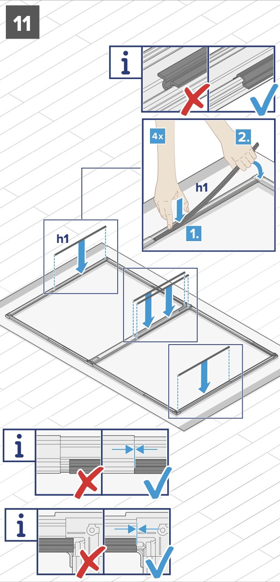 Anleitungsdiagramm zum Zusammenbau eines Rahmens. Schritt 1 zeigt das Ausrichten und Zusammendrücken zweier Rahmenteile, bis sie einrasten. Schritt 2 besteht darin, eine Abdeckung oben aufzulegen und mit Tesaband zu befestigen. Hinweise umfassen die korrekte Ausrichtung und Befestigungsmethode mit Tesaband. (This text has been generated by AI)