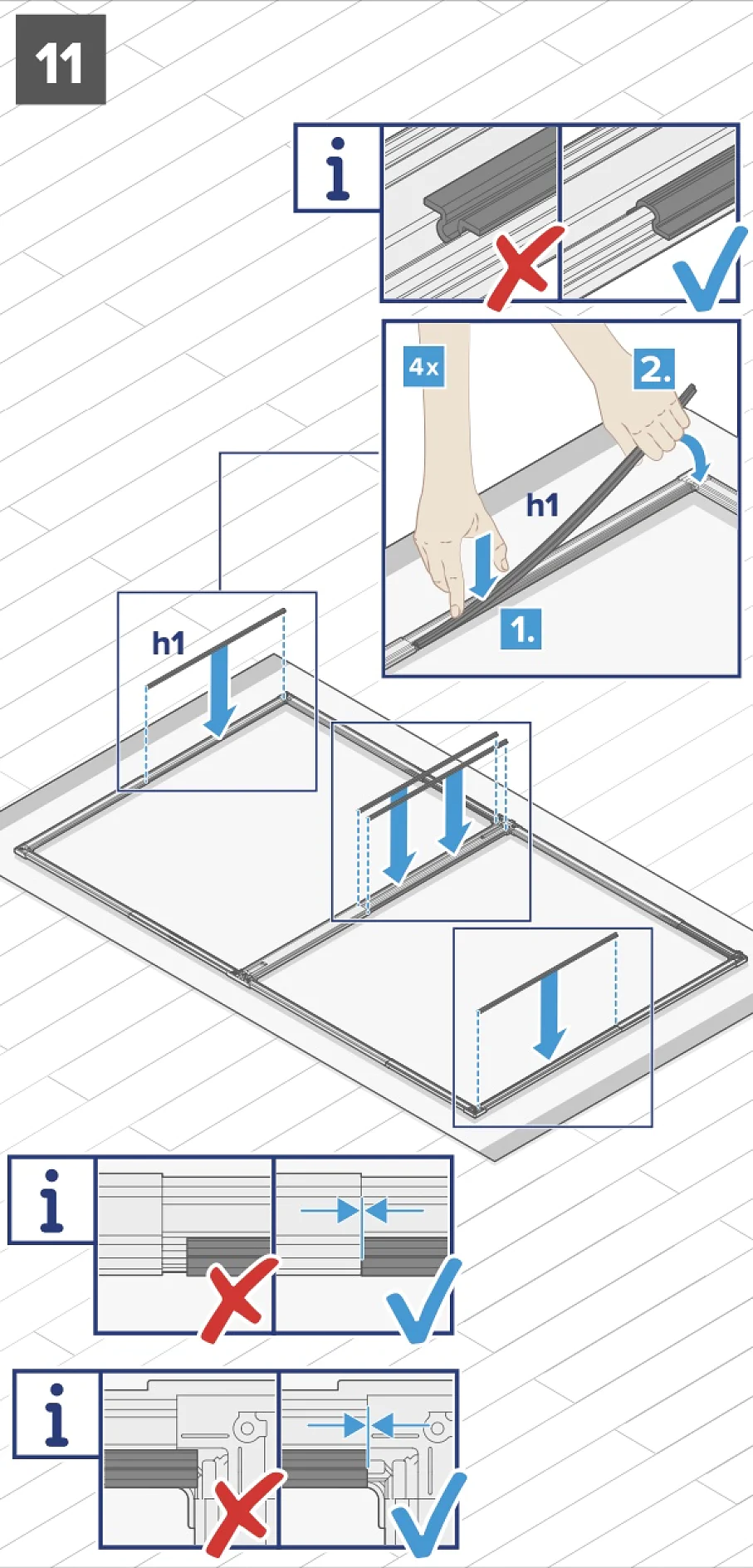 Anleitungsdiagramm zum Zusammenbau eines Rahmens. Schritt 1 zeigt das Ausrichten und Zusammendrücken zweier Rahmenteile, bis sie einrasten. Schritt 2 besteht darin, eine Abdeckung oben aufzulegen und mit Tesaband zu befestigen. Hinweise umfassen die korrekte Ausrichtung und Befestigungsmethode mit Tesaband. (This text has been generated by AI)