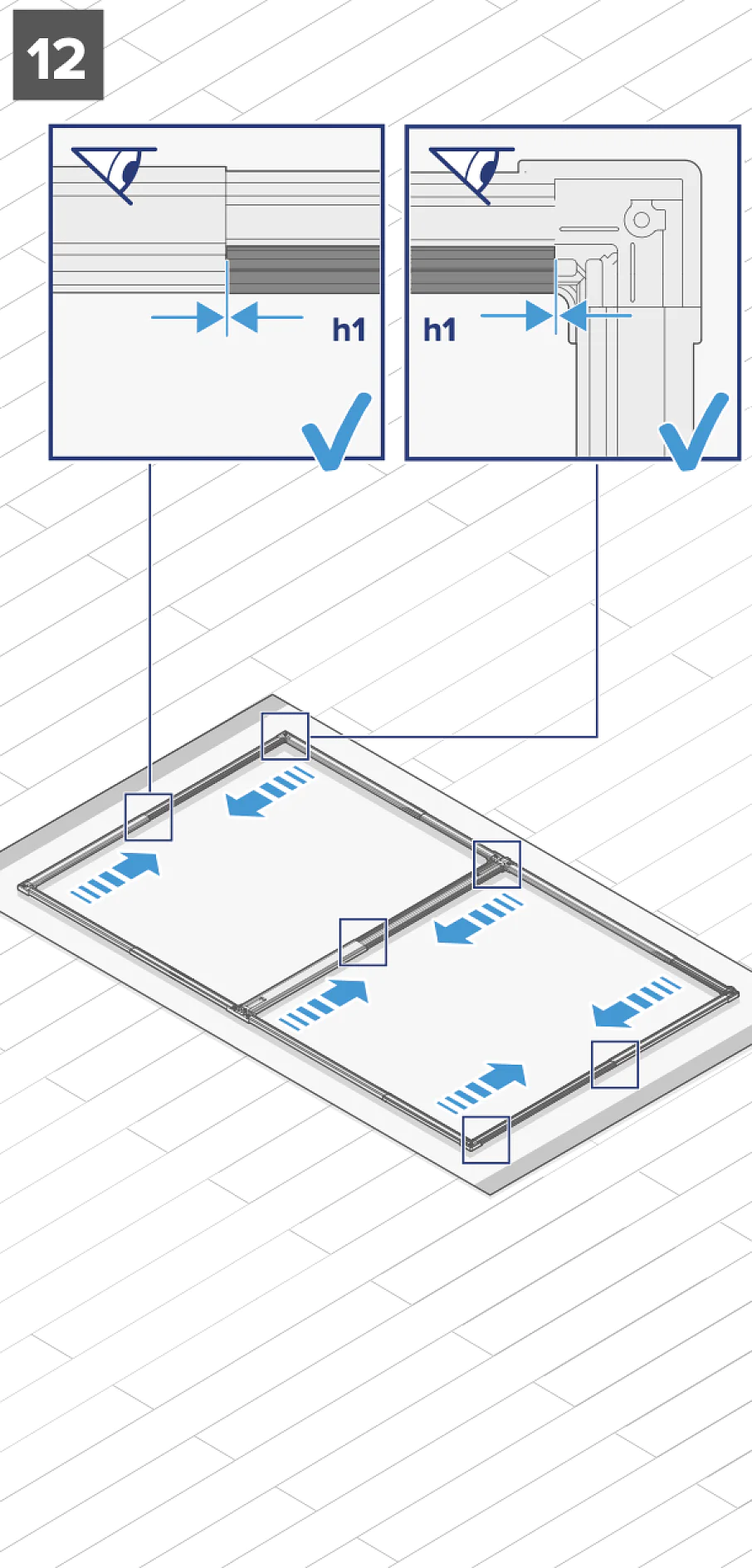 Diagramm, das die Montageschritte für einen Fensterrahmen zeigt. Es zeigt Nahaufnahmen von zwei Abschnitten des Rahmens, die mit „h1“ beschriftet sind, zusammen mit Pfeilen, die die Montagerichtung angeben. Das Bild ist in der oberen linken Ecke mit der Nummer 12 gekennzeichnet und hebt die Verwendung von Tesa-Klebeband zum Sichern der Komponenten hervor. (This text has been generated by AI)