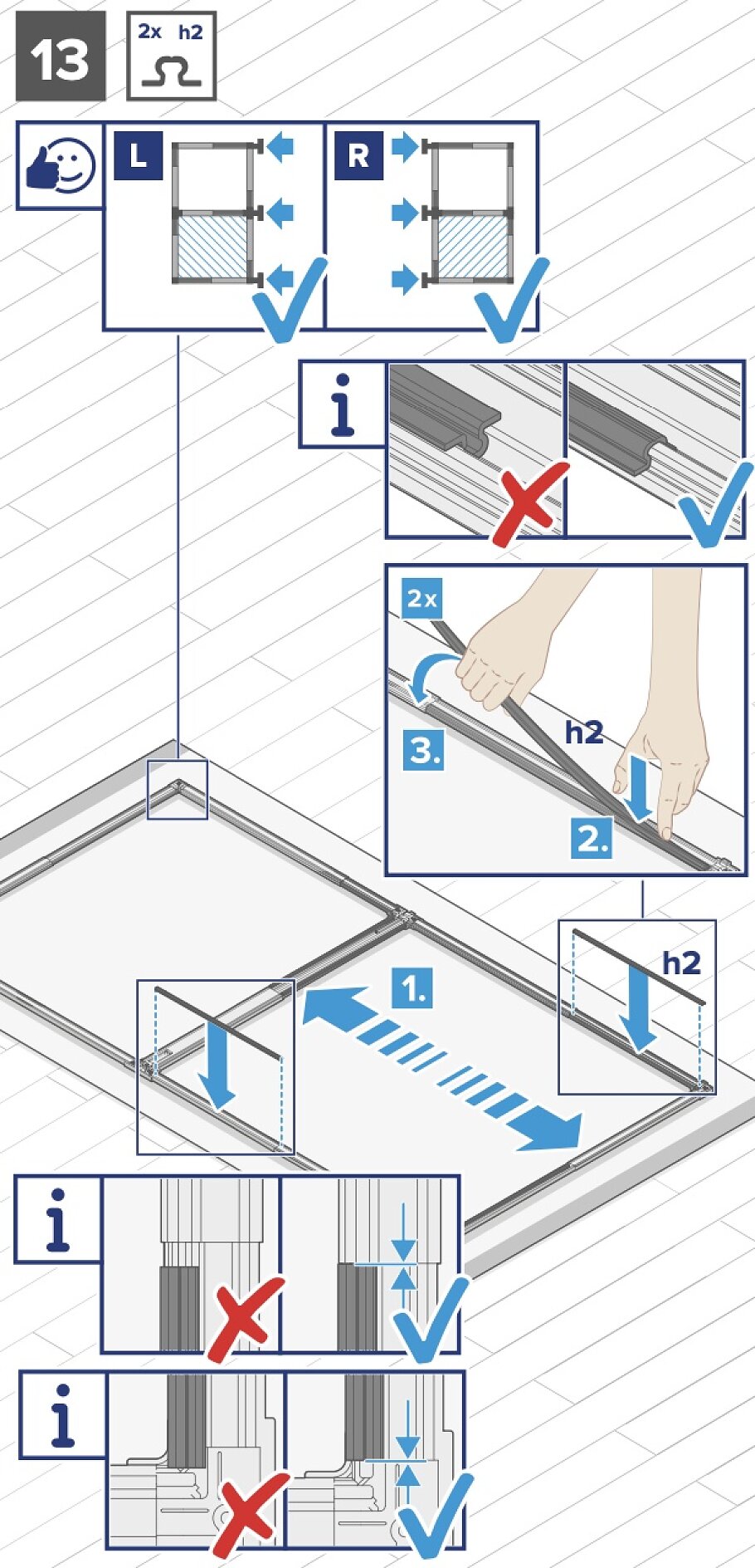 Abbildung der Montage eines Rahmens. Die Schritte zeigen das Einsetzen der mit L und R gekennzeichneten Platten, die korrekte und falsche Ausrichtung der Eckwinkel, das Sichern des Rahmens mit Tesa-Klebeband und das Sicherstellen einer gleichmäßigen Verteilung und Ausrichtung. Enthält Symbole für Werkzeuge und Maßangaben. (This text has been generated by AI)
