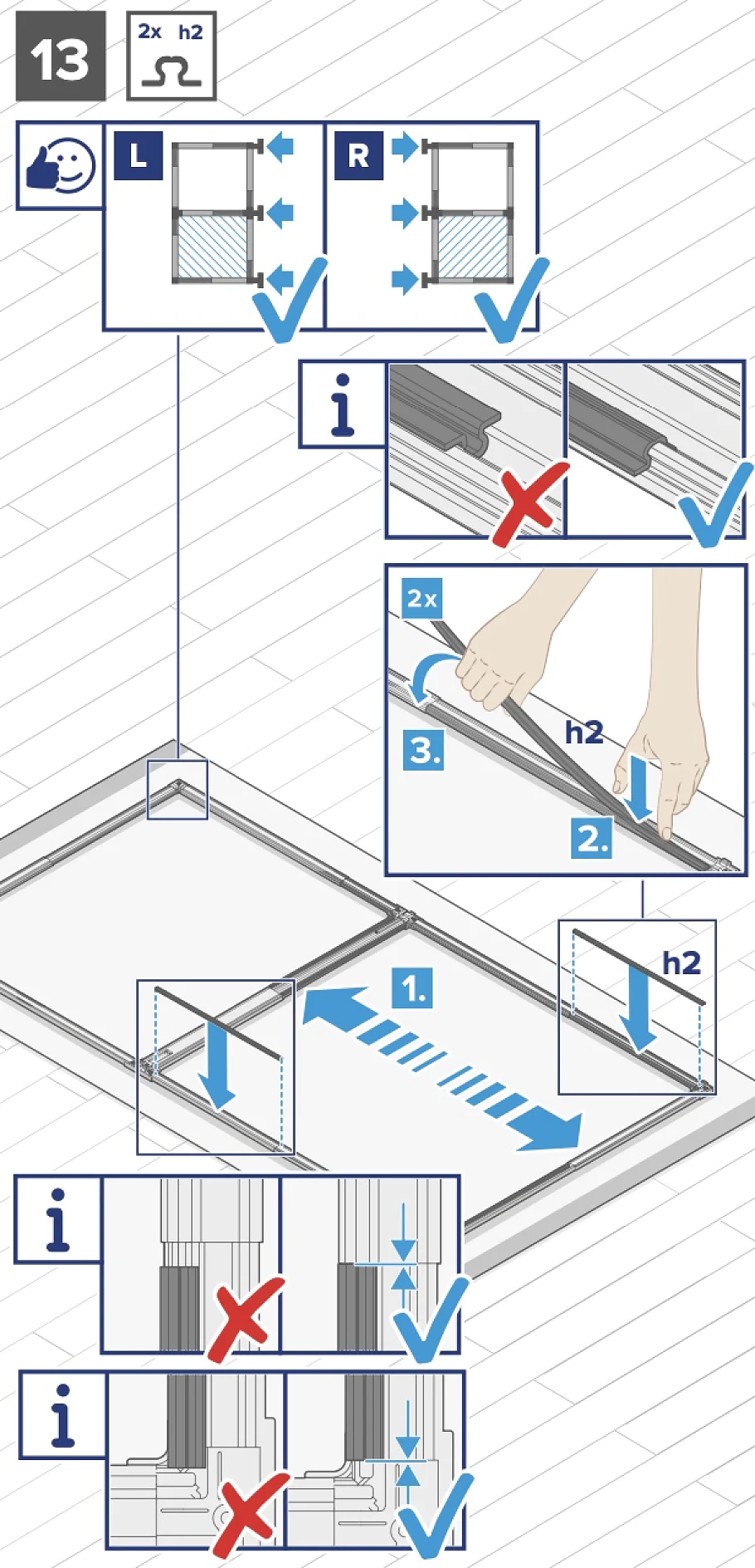 Abbildung der Montage eines Rahmens. Die Schritte zeigen das Einsetzen der mit L und R gekennzeichneten Platten, die korrekte und falsche Ausrichtung der Eckwinkel, das Sichern des Rahmens mit Tesa-Klebeband und das Sicherstellen einer gleichmäßigen Verteilung und Ausrichtung. Enthält Symbole für Werkzeuge und Maßangaben. (This text has been generated by AI)