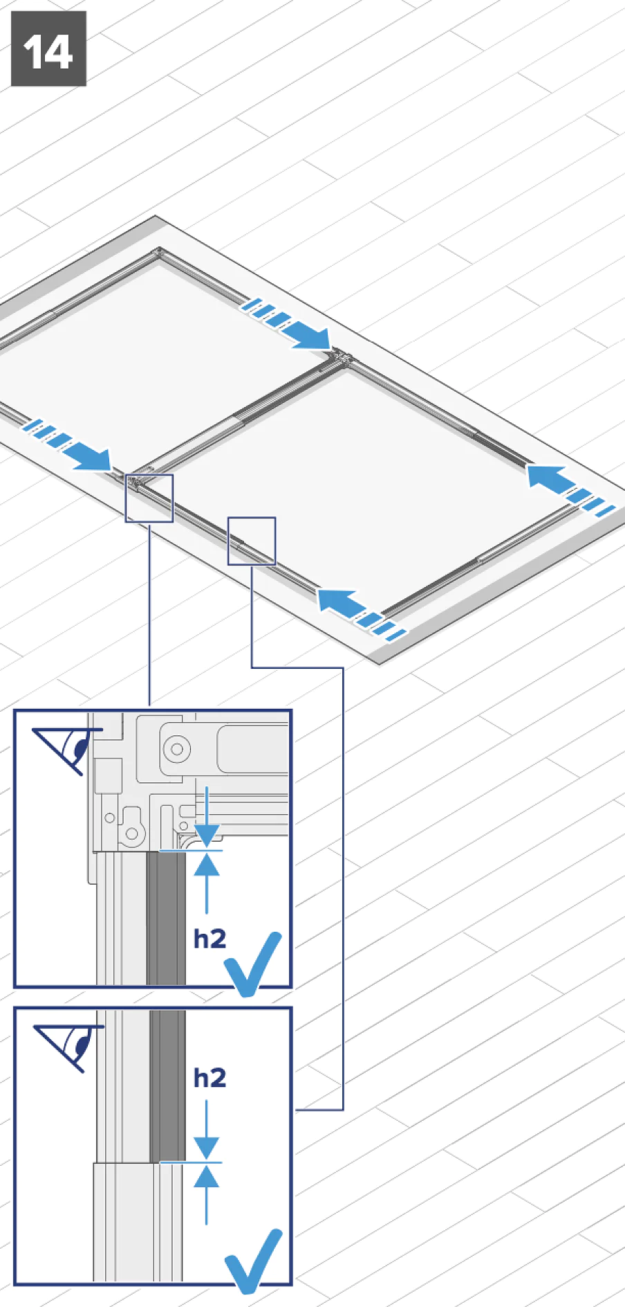 Installationsdiagramm mit zwei rechteckigen Deckenplatten mit Richtungspfeilen. Eingefügte Kästen zeigen detaillierte Ansichten der Plattenkanten und -verbindungen mit der Beschriftung „h2“ und Häkchen, die die richtige Ausrichtung oder Befestigung anzeigen. (This text has been generated by AI)