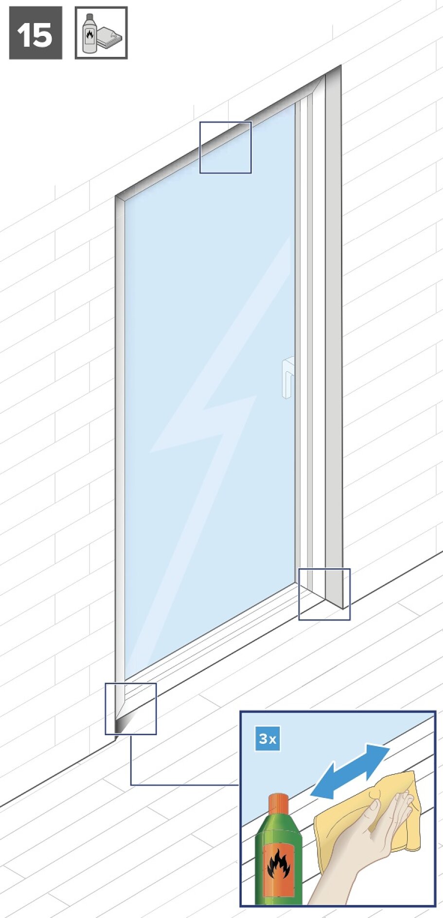 Abbildung eines Fensters mit Nahaufnahmen, die Bereiche zeigen, auf die man achten sollte. Enthält eine Einfügung, die eine Flasche mit einem entflammbaren Symbol und eine Hand zeigt, die mit Tesa-Klebeband putzt und sich in einer Hin- und Herbewegung mit der Aufschrift „3x“ bewegt. (This text has been generated by AI)
