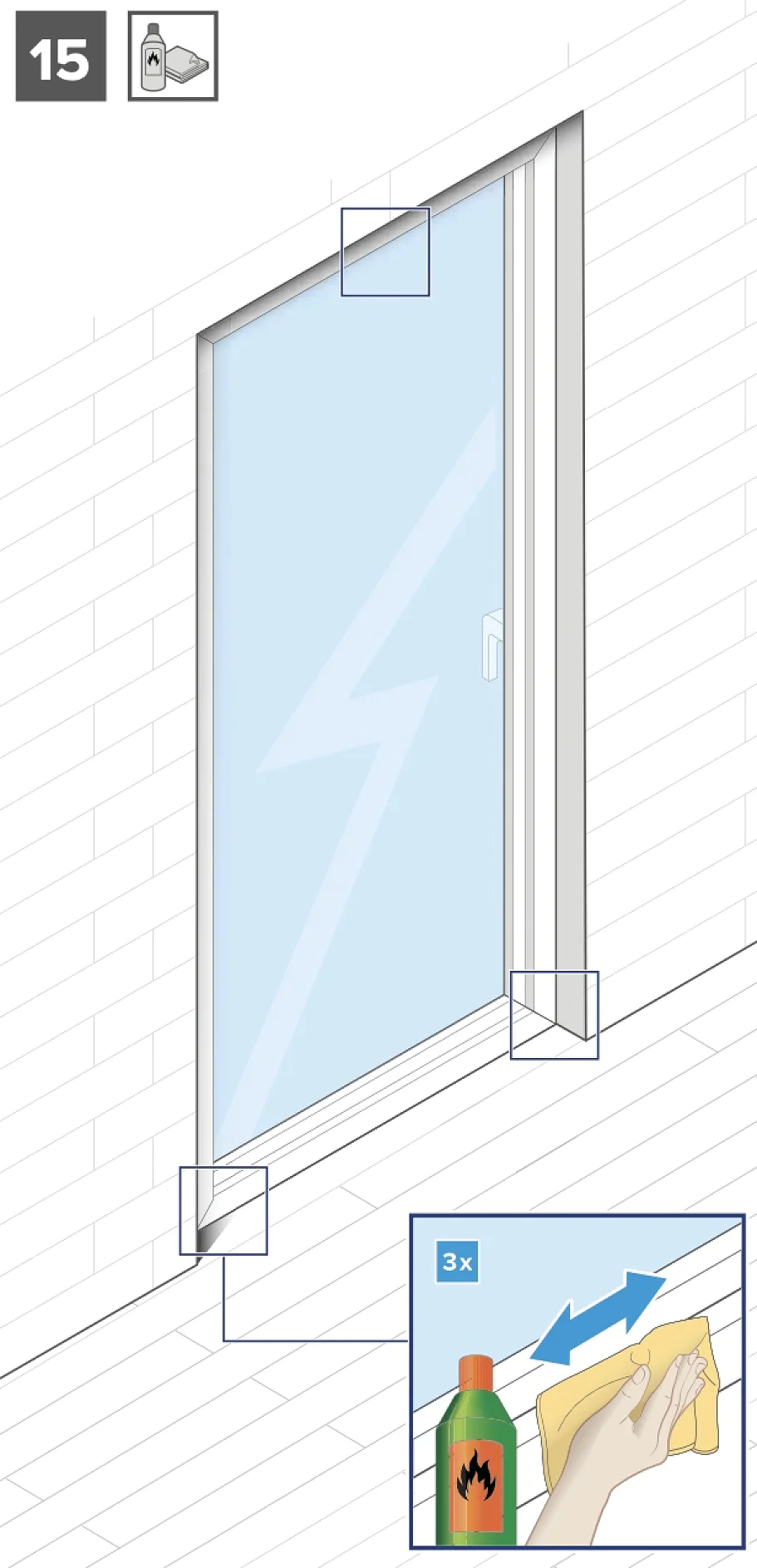 Abbildung eines Fensters mit Nahaufnahmen, die Bereiche zeigen, auf die man achten sollte. Enthält eine Einfügung, die eine Flasche mit einem entflammbaren Symbol und eine Hand zeigt, die mit Tesa-Klebeband putzt und sich in einer Hin- und Herbewegung mit der Aufschrift „3x“ bewegt. (This text has been generated by AI)