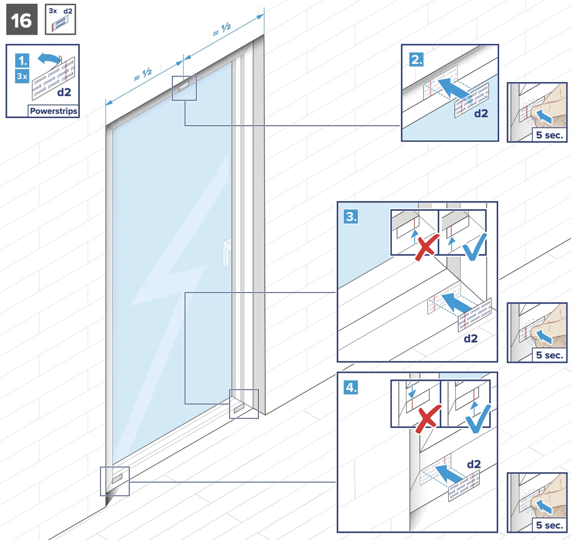 Anleitungsdiagramm, das zeigt, wie man in vier Schritten ein Fensterrollo anbringt. Jeder Schritt enthält Diagramme, die die Platzierung der Steckdosenleisten, die Montageposition und den Abstand mit Tesa-Klebeband veranschaulichen. Der Vorgang wird mit 5-Sekunden-Intervallen zeitlich festgelegt. (This text has been generated by AI)