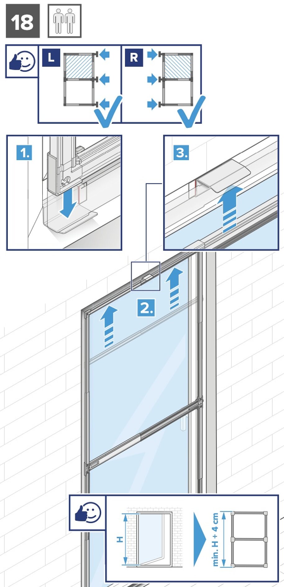 Abbildung, die die Montage einer Schiebetür mit Tesa-Klebeband zeigt. Zu den Schritten gehören das Befestigen der linken (L) oder rechten (R) Paneele, das Ausrichten der Teile und das Sicherstellen der korrekten Montage. Enthält Abmessungen und Montagemarkierungen, wobei Daumen-hoch-Symbole korrekte Einstellungen anzeigen. (This text has been generated by AI)