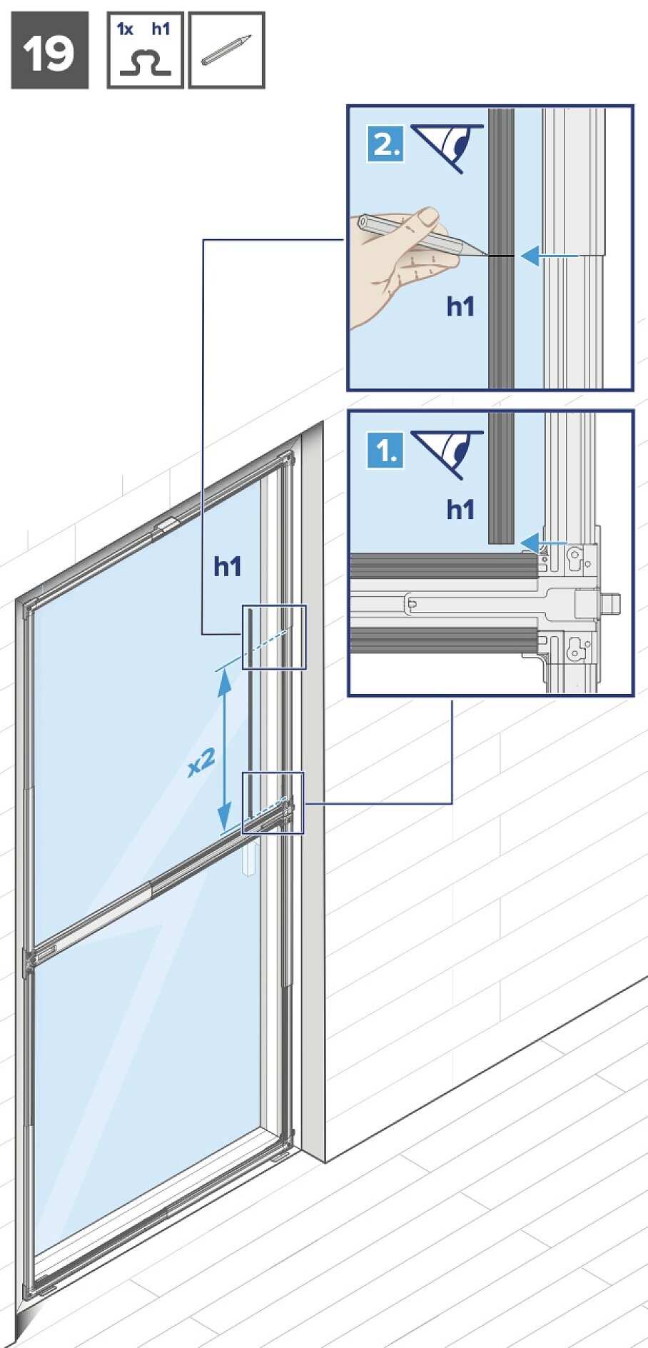 Abbildung einer Anleitung zur Fensterinstallation. Das Bild zeigt einen Fensterrahmen mit Schritten zum Messen und Installieren einer Komponente. Die Einschübe 1 und 2 zeigen Nahaufnahmen von Messungen mit den Bezeichnungen h1 und x2, bei denen ein Schraubenschlüssel und ein Tesa-Maßband verwendet wurden. (This text has been generated by AI)