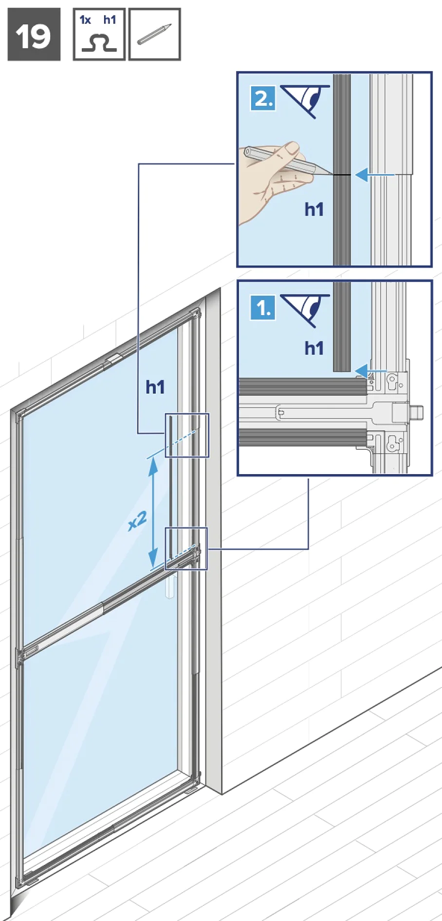 Abbildung einer Anleitung zur Fensterinstallation. Das Bild zeigt einen Fensterrahmen mit Schritten zum Messen und Installieren einer Komponente. Die Einschübe 1 und 2 zeigen Nahaufnahmen von Messungen mit den Bezeichnungen h1 und x2, bei denen ein Schraubenschlüssel und ein Tesa-Maßband verwendet wurden. (This text has been generated by AI)