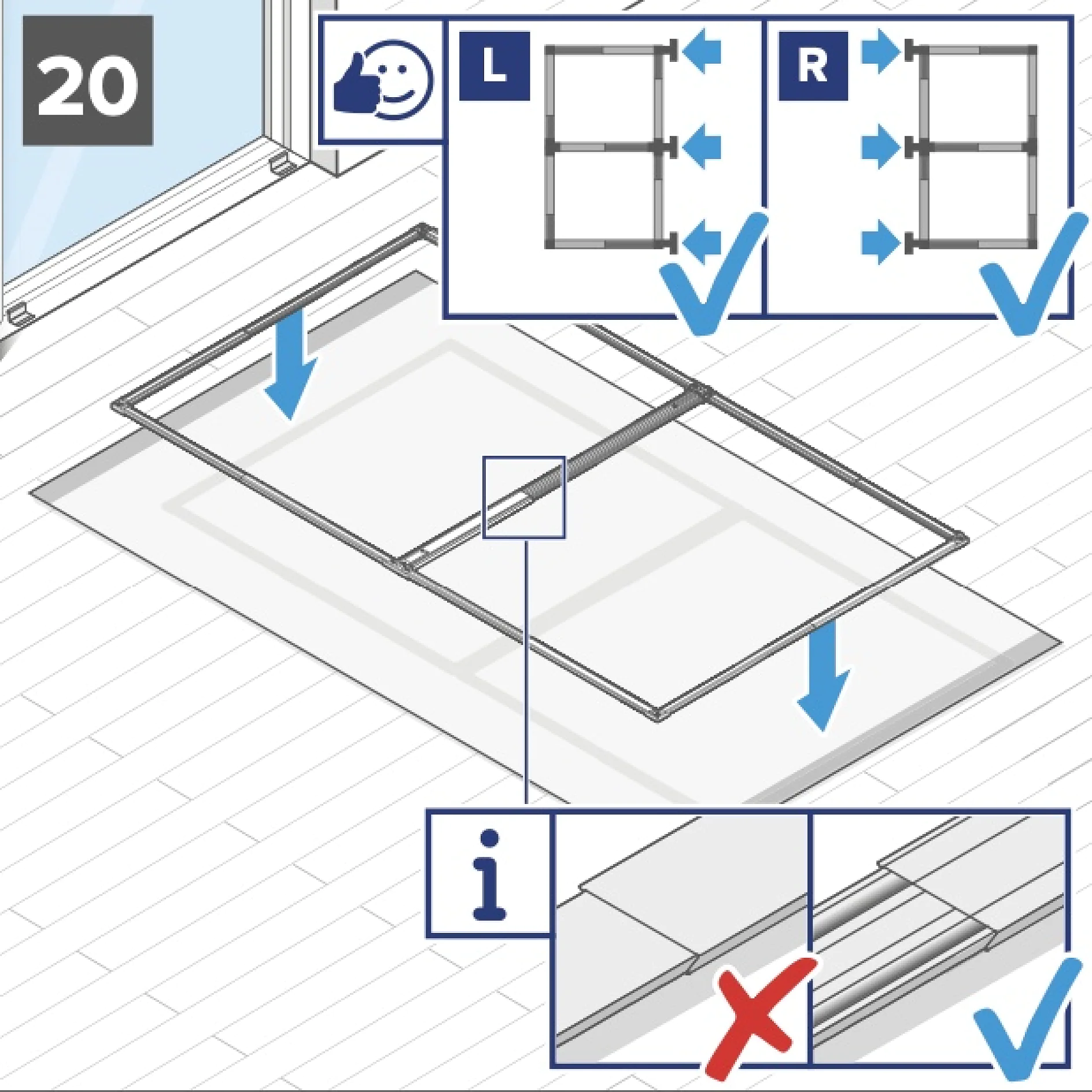 Anleitung zum Einbau einer Schiebetür mit zwei Paneelen. Die Diagramme zeigen die Ausrichtung der linken (L) und rechten (R) Paneele mit Häkchen. Weitere Details zeigen die richtige Platzierungsmethode mit Tesa-Klebeband, gekennzeichnet mit einem grünen Häkchen, und die falsche Methode, gekennzeichnet mit einem roten X. (This text has been generated by AI)
