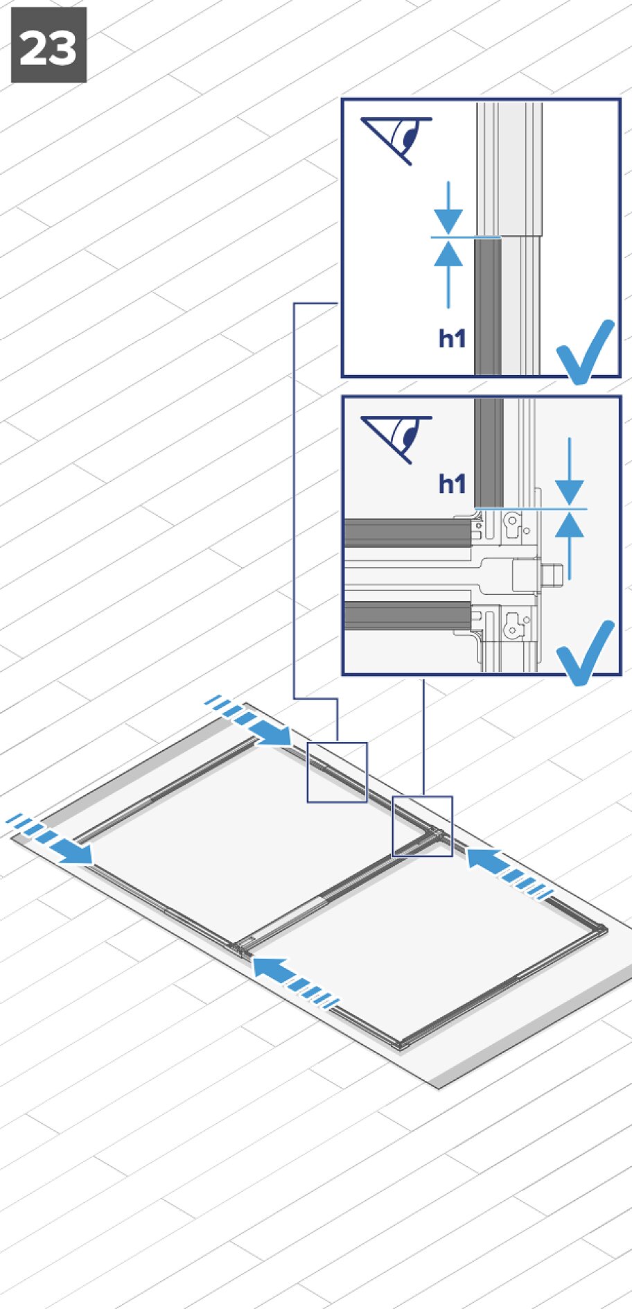 Abbildung von zwei Schiebetüren auf einer Schiene. Die eingefügten Diagramme zeigen Nahaufnahmen der Türausrichtung mit Häkchen, die mit „h1“ für die Höhenmessung beschriftet sind. Nummer „23“ steht in der oberen linken Ecke. Blaue Pfeile zeigen die Bewegungsrichtung an, mit Hinweisen auf Tesa-Klebeband zur Sicherung der Anordnung. (This text has been generated by AI)