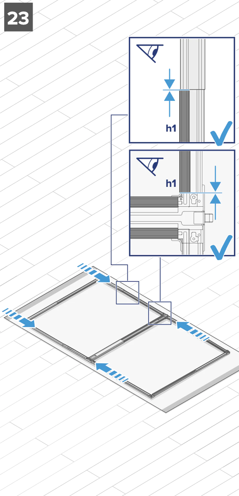 Abbildung von zwei Schiebetüren auf einer Schiene. Die eingefügten Diagramme zeigen Nahaufnahmen der Türausrichtung mit Häkchen, die mit „h1“ für die Höhenmessung beschriftet sind. Nummer „23“ steht in der oberen linken Ecke. Blaue Pfeile zeigen die Bewegungsrichtung an, mit Hinweisen auf Tesa-Klebeband zur Sicherung der Anordnung. (This text has been generated by AI)