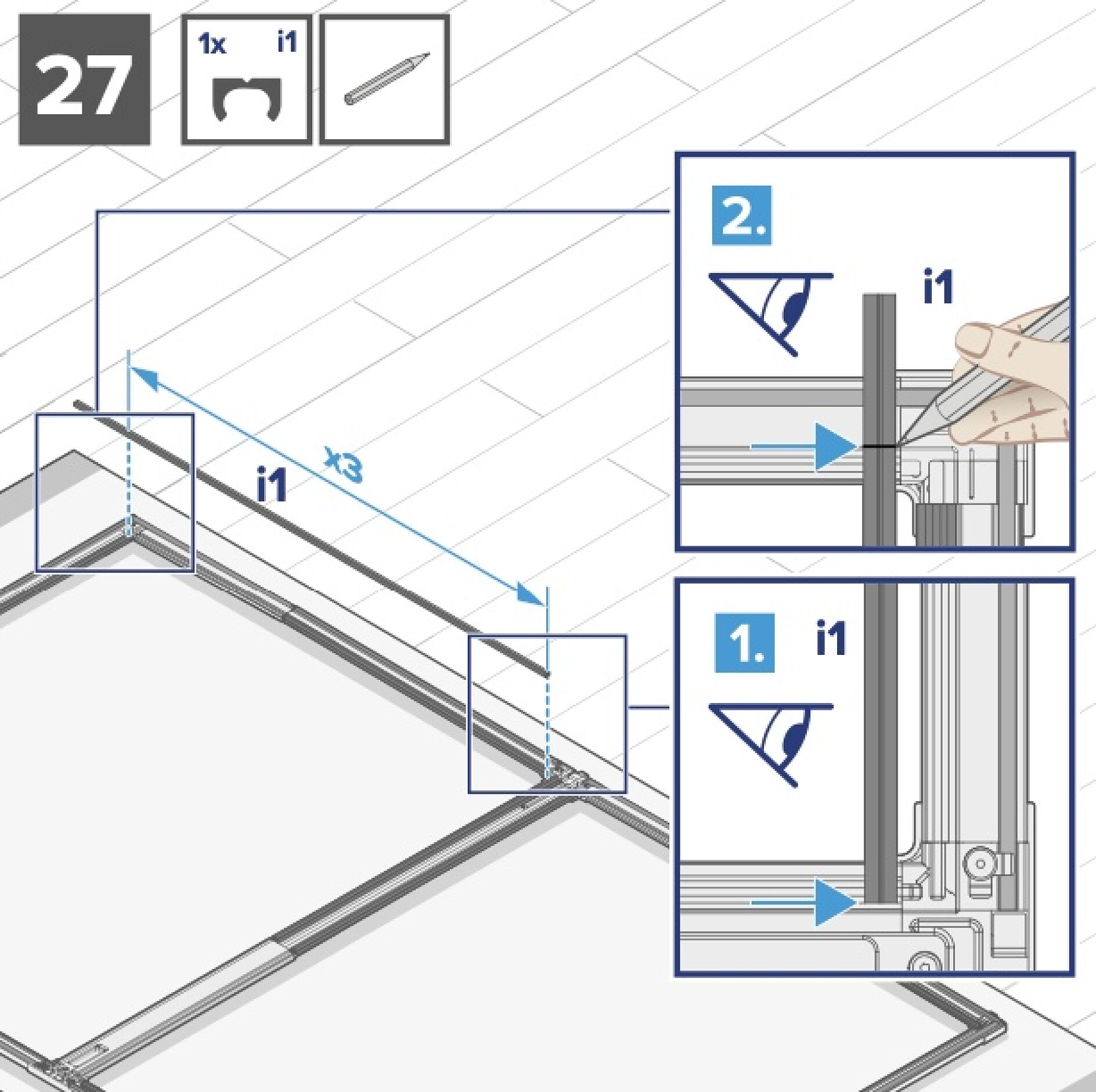 Diagramm, das Schritt 27 eines Montageprozesses veranschaulicht. Zeigt das Einfügen einer Komponente mit der Bezeichnung „i1“ entlang eines Rahmens mithilfe von Tesa-Klebeband. Eingefügte Details zeigen die Positionierung und Gleittechnik für die Komponente mit Tesa-Klebeband. Enthält das Maßetikett „x3“ und Bilder für erforderliche Elemente: Halterung, Werkzeug. (This text has been generated by AI)