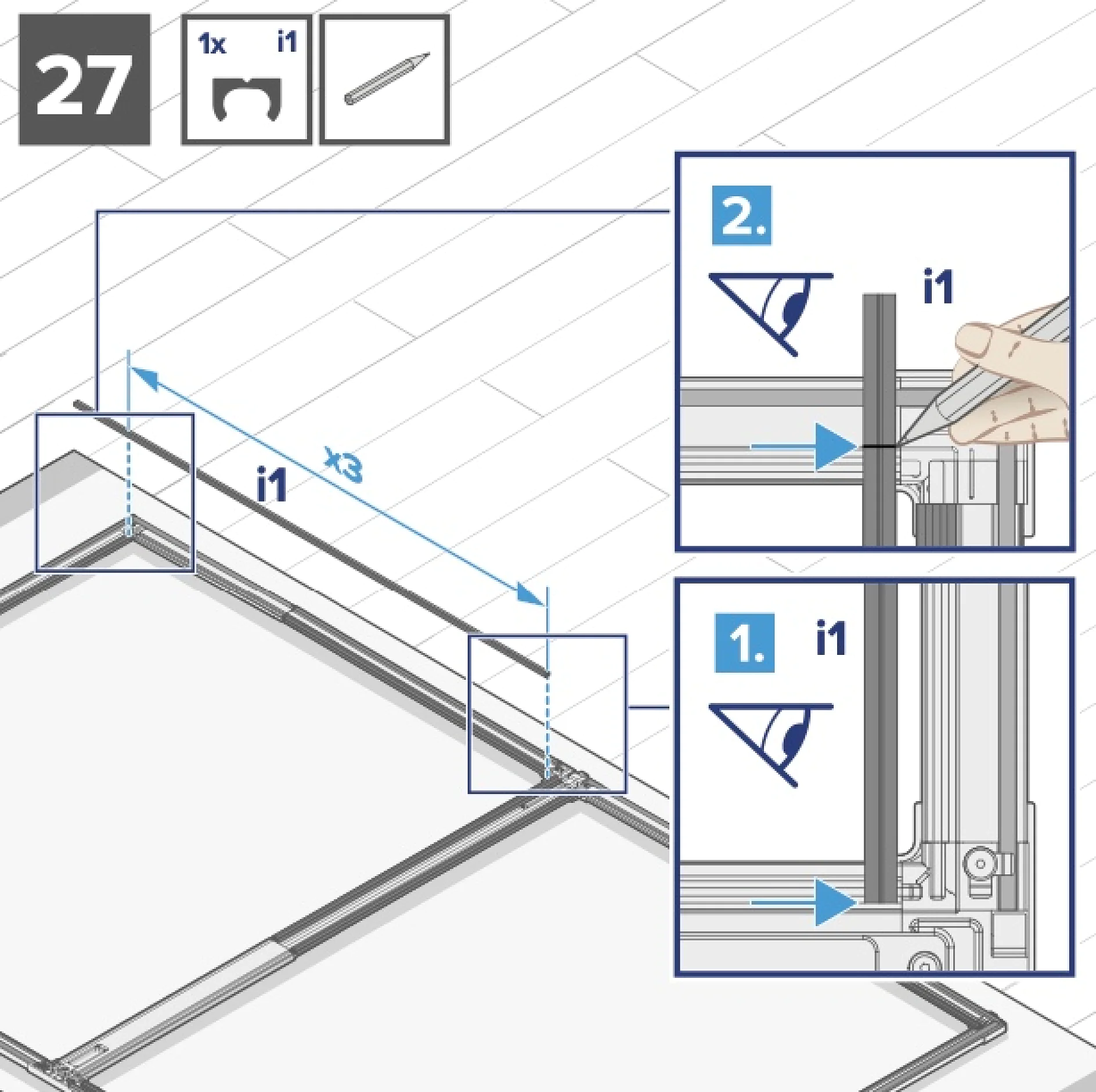 Diagramm, das Schritt 27 eines Montageprozesses veranschaulicht. Zeigt das Einfügen einer Komponente mit der Bezeichnung „i1“ entlang eines Rahmens mithilfe von Tesa-Klebeband. Eingefügte Details zeigen die Positionierung und Gleittechnik für die Komponente mit Tesa-Klebeband. Enthält das Maßetikett „x3“ und Bilder für erforderliche Elemente: Halterung, Werkzeug. (This text has been generated by AI)