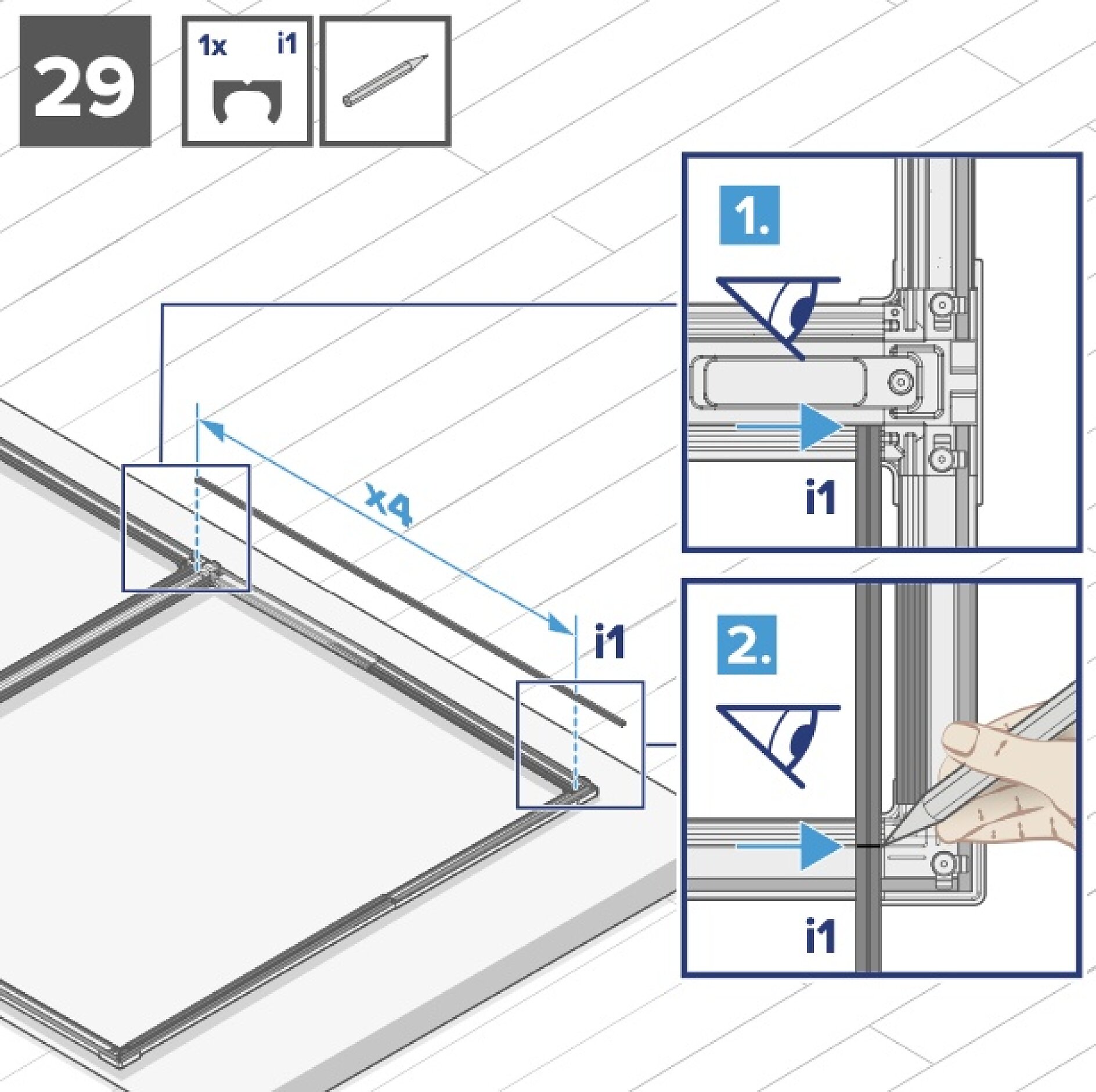 Abbildung, die Schritt 29 eines Montageprozesses zeigt. Sie umfasst eine Platte und eine Schraube. Zwei Nahaufnahmen mit den Nummern 1 und 2 zeigen spezifische Eckansichten mit den Markierungen i1 und x4. Die Handabbildung in Einschub 2 zeigt, wie ein Element mit Tesa-Band an Ort und Stelle gedrückt wird. (This text has been generated by AI)