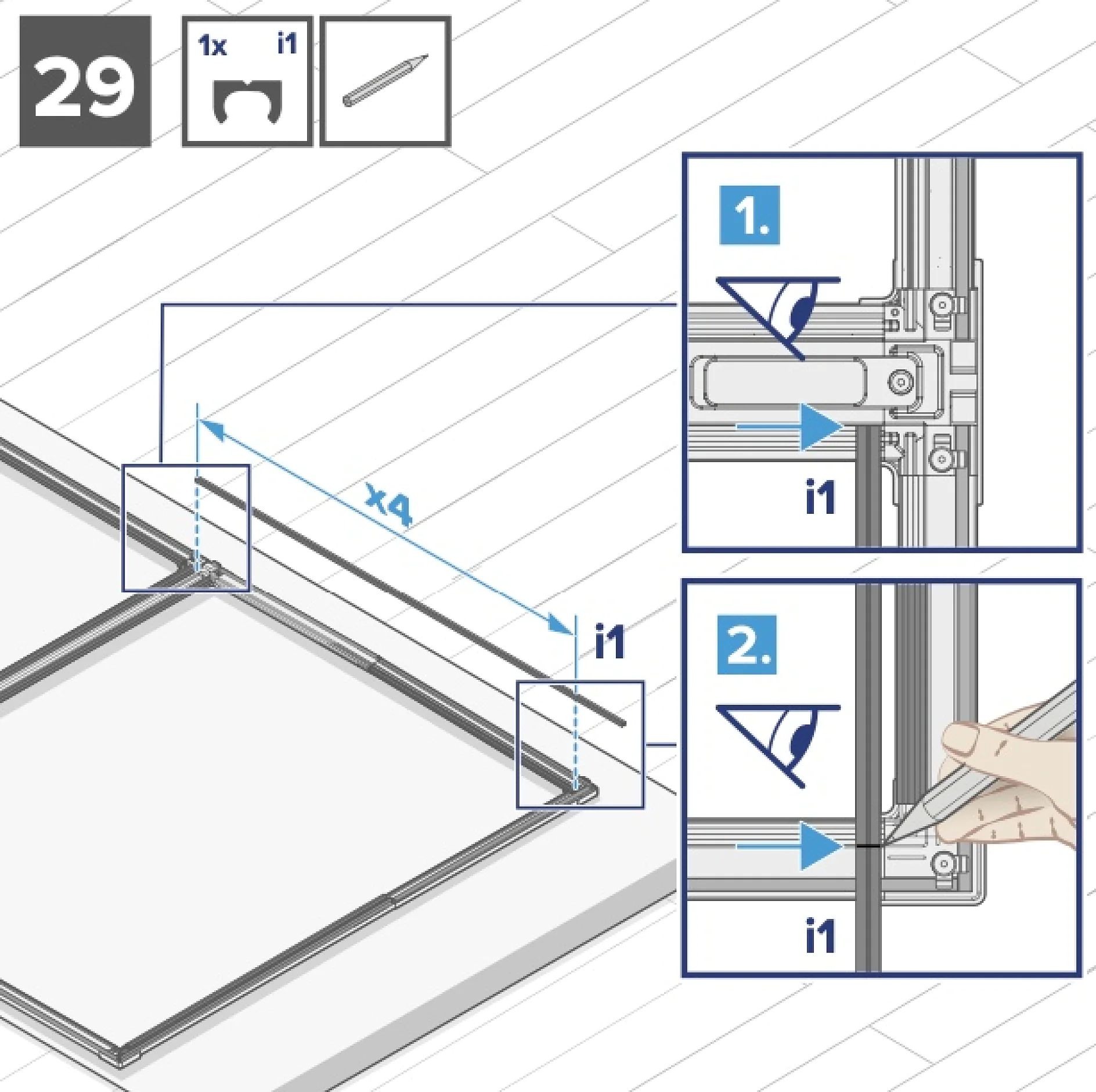 Abbildung, die Schritt 29 eines Montageprozesses zeigt. Sie umfasst eine Platte und eine Schraube. Zwei Nahaufnahmen mit den Nummern 1 und 2 zeigen spezifische Eckansichten mit den Markierungen i1 und x4. Die Handabbildung in Einschub 2 zeigt, wie ein Element mit Tesa-Band an Ort und Stelle gedrückt wird. (This text has been generated by AI)