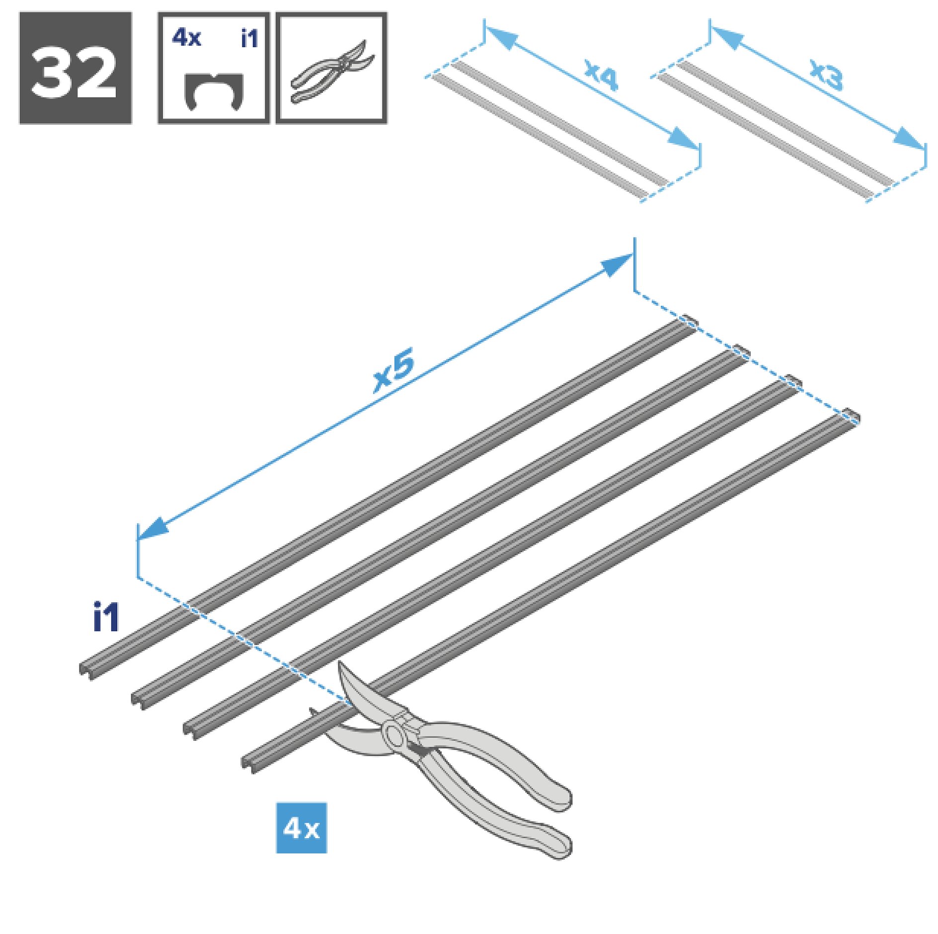 Abbildung von Schritt 32 aus einer Montageanleitung, die vier parallele Metallstäbe zeigt. Eine Zange mit der Aufschrift „i1“ liegt daneben. Das Diagramm gibt Mengen und Maße an, mit einer Aufschrift „4x“ und Pfeillinien, die die Stablängen angeben. Zusätzlich schlägt das Bild vor, Teile zur Stabilität während der Montage mit Tesa-Klebeband zu befestigen. (This text has been generated by AI)
