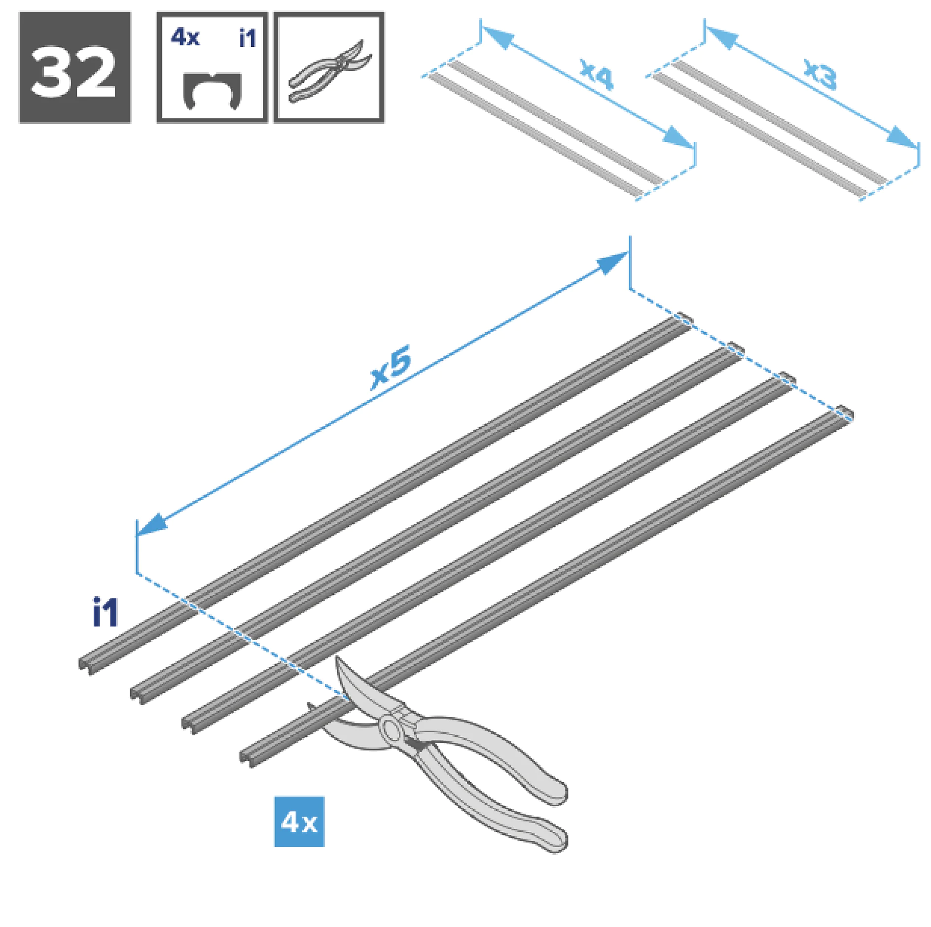 Abbildung von Schritt 32 aus einer Montageanleitung, die vier parallele Metallstäbe zeigt. Eine Zange mit der Aufschrift „i1“ liegt daneben. Das Diagramm gibt Mengen und Maße an, mit einer Aufschrift „4x“ und Pfeillinien, die die Stablängen angeben. Zusätzlich schlägt das Bild vor, Teile zur Stabilität während der Montage mit Tesa-Klebeband zu befestigen. (This text has been generated by AI)