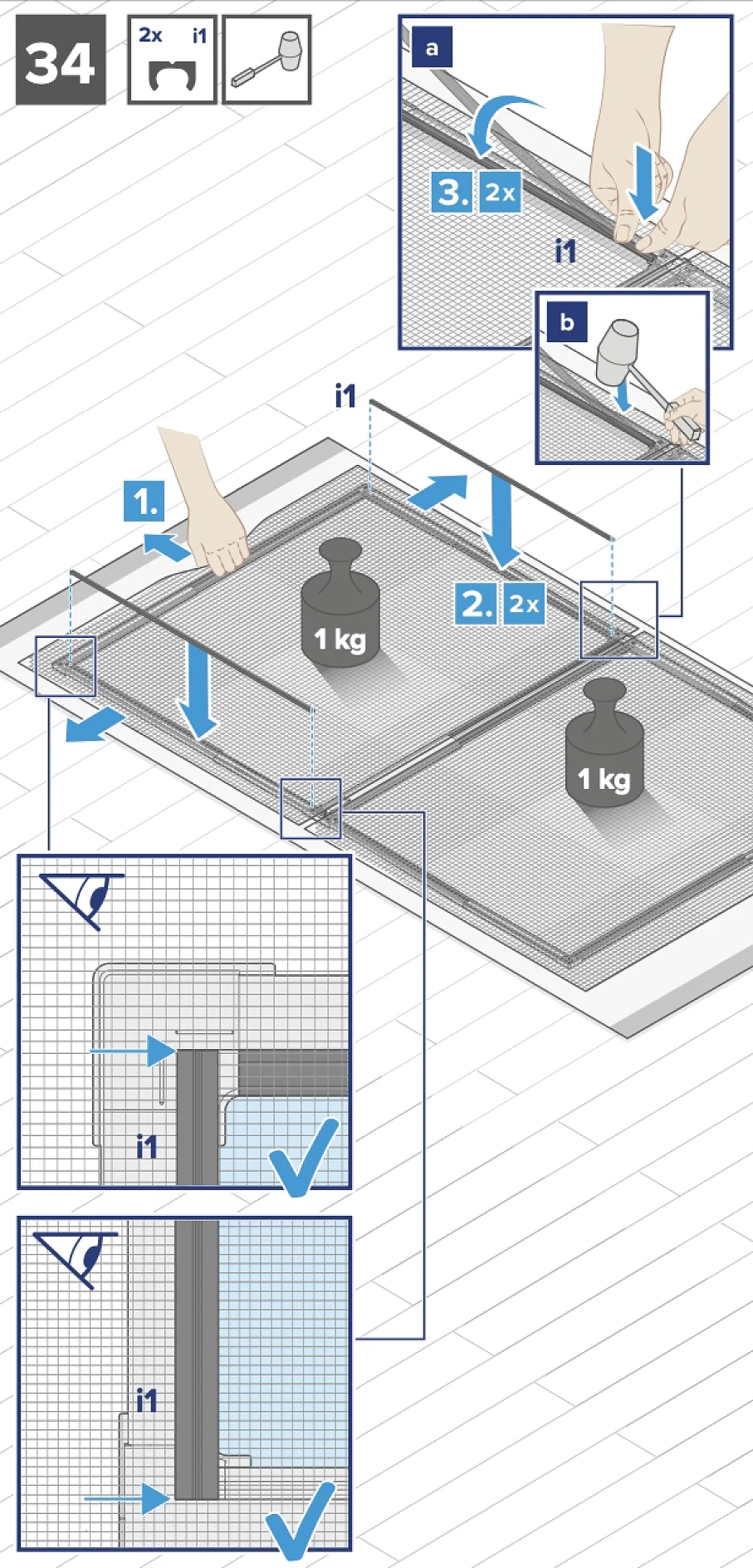 Anleitungsdiagramm zur Montage eines Maschensiebs. Enthält Schritte zum Befestigen des Maschensiebs mit zwei Schrauben, einem Schraubendreher und einem mit i1 gekennzeichneten Werkzeug. Zur Stabilisierung werden Gewichte von 1 kg auf das Maschensieb gelegt. Nahaufnahmen zeigen Detailansichten mit Tesa-Klebeband zur besseren Befestigung. (This text has been generated by AI)