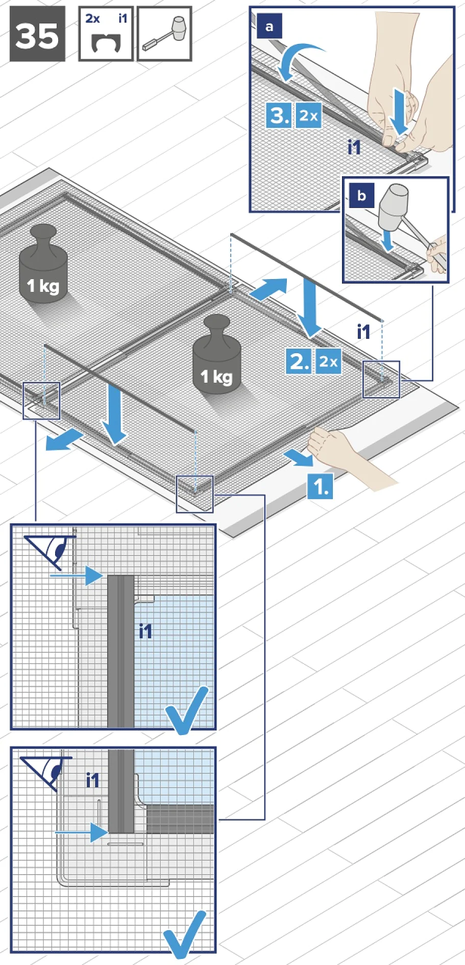Anleitungsdiagramm zur Installation eines Bildschirms. Zu den Schritten gehört das Einsetzen der mit i1 und 2x gekennzeichneten Teile in einen Rahmen. Die Bilder zeigen Hände, die Gegenstände auf den Bildschirm legen, Werkzeuge verwenden und Gewichte auf ihn auftragen. Nahaufnahmen bieten detaillierte Ansichten der Kanten und Ecken des Bildschirms mit Tesa-Klebeband, um Komponenten effektiv zu befestigen. (This text has been generated by AI)