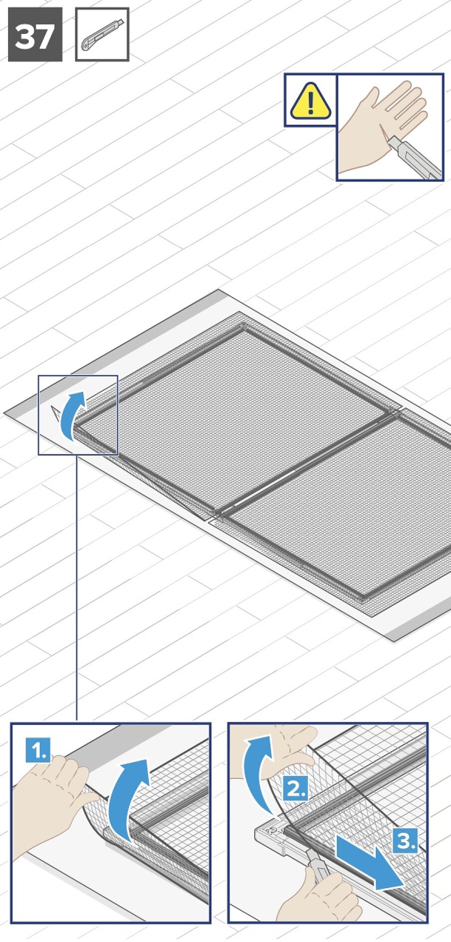 Anleitungsgrafik mit der Bezeichnung „37“ zeigt die Schritte zum Reinigen eines Gerätefilters. Oben rechts ist eine Hand mit einem Warnsymbol zu sehen. Schritte: 1. Hand in die Ecke des Maschenpaneels stecken. 2. Paneel nach außen ziehen und bei Bedarf Tesa-Klebeband zum Festhalten verwenden. 3. Filter zur Reinigung herausnehmen und bei Bedarf Tesa-Klebeband zur gründlichen Reinigung verwenden. (This text has been generated by AI)