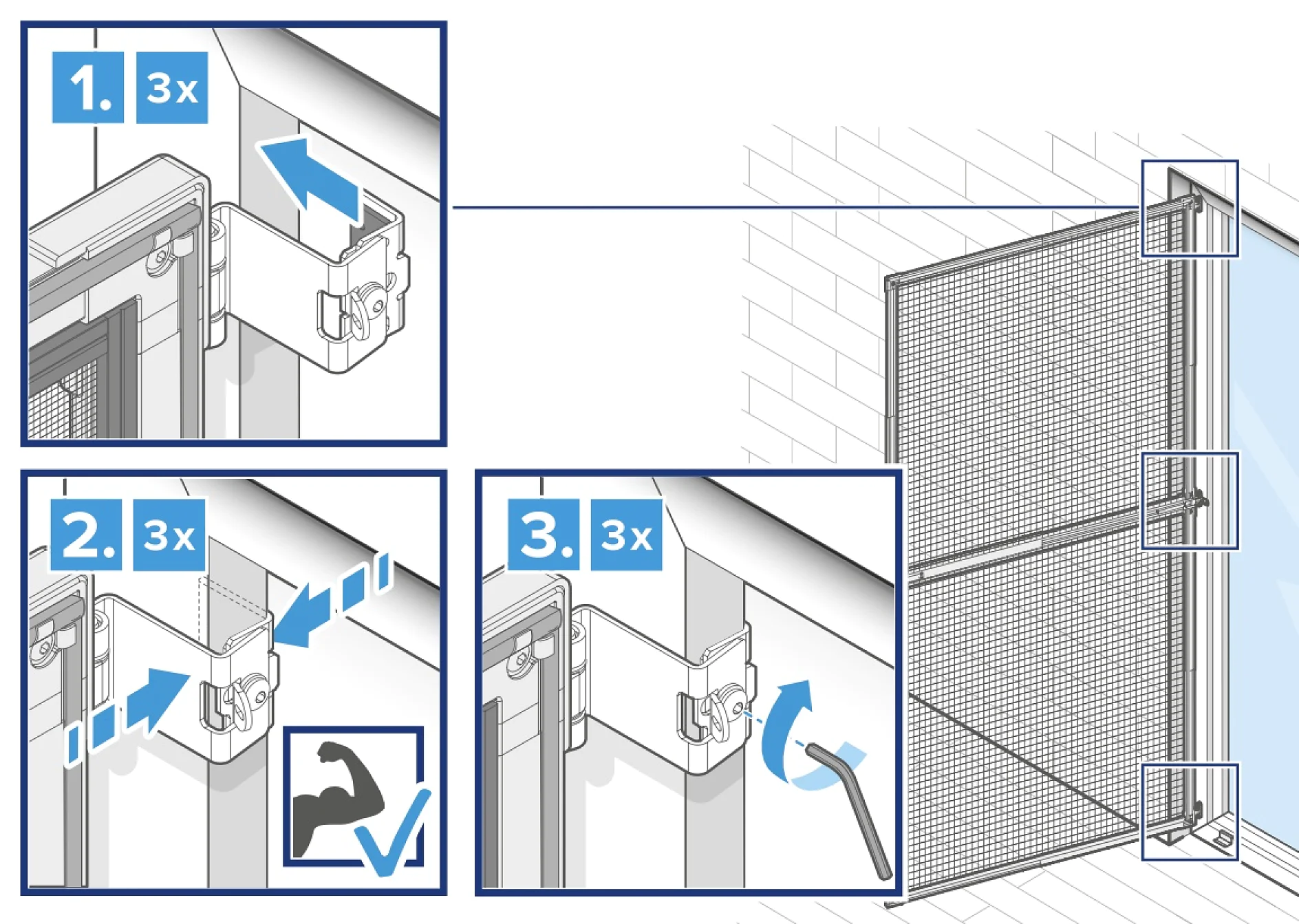 Anleitungsdiagramm, das die Installation einer Fliegengittertür in drei Schritten zeigt. Schritt 1: Komponenten ausrichten und einsetzen. Schritt 2: Komponenten durch Festziehen der Schrauben sichern. Schritt 3: Türrahmen mit einem Werkzeug anpassen und Tesa-Klebeband für zusätzliche Stabilität verwenden. Jeder Schritt hebt bestimmte Aktionen hervor. (This text has been generated by AI)