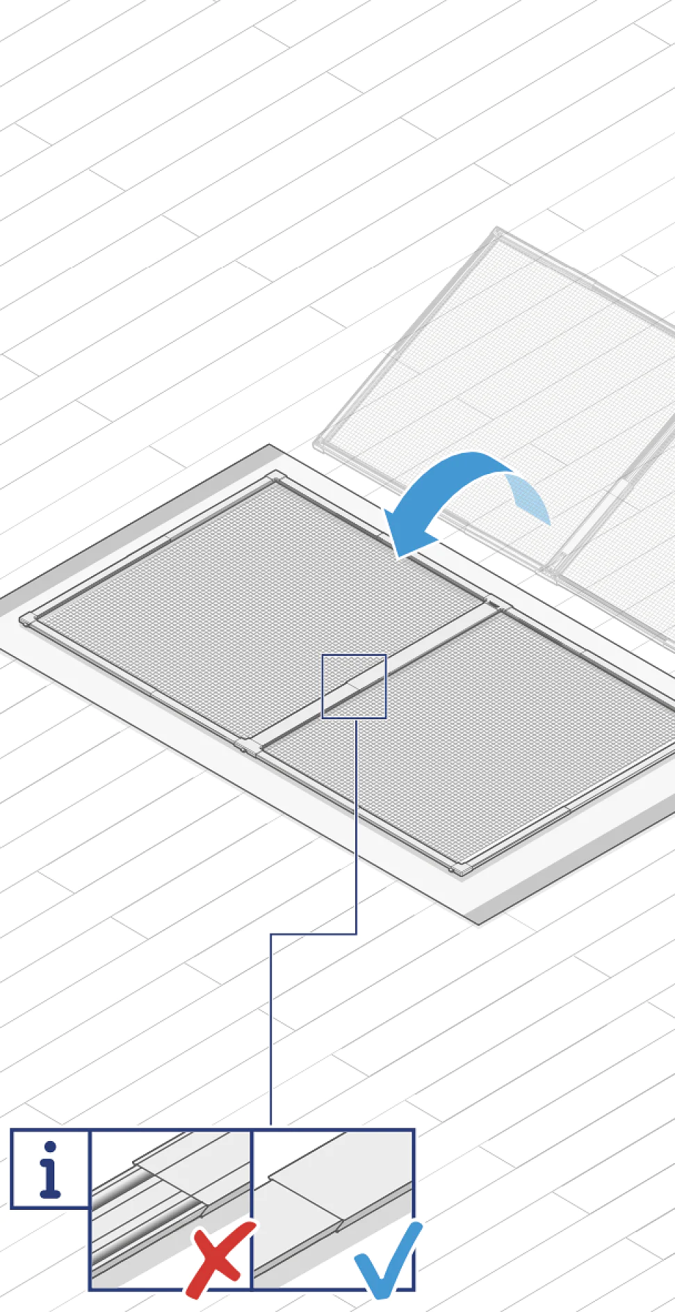 Abbildung eines geöffneten Laptops von oben mit einem vergrößerten Ausschnitt, der ein Trennelement im Detail zeigt. Ein blauer Pfeil zeigt von außerhalb des Bildschirms auf den vergrößerten Ausschnitt. Die Symbole unten zeigen richtige und falsche Handhabungsweisen des Trennelements mit Tesa-Klebeband. (This text has been generated by AI)