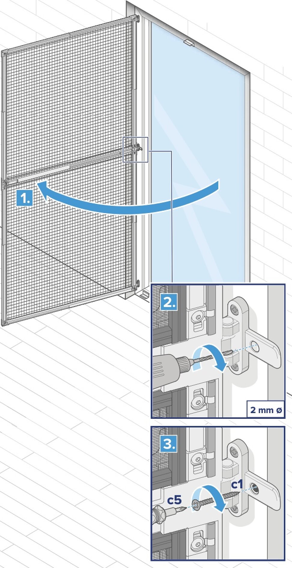 Abbildung mit Nahaufnahmen, die die Installation einer Schiebetür mit Fliegengitter zeigt. Schritt 1 zeigt die Gleitbewegung. Schritt 2 zeigt die Scharnierinstallation mit einer 2-mm-Anpassung mithilfe von Tesa-Klebeband. Schritt 3 zeigt die Scharnieranpassung mithilfe von Schrauben mit der Bezeichnung C5 und C1, die zur Präzision mit Tesa-Klebeband an Ort und Stelle befestigt werden. (This text has been generated by AI)
