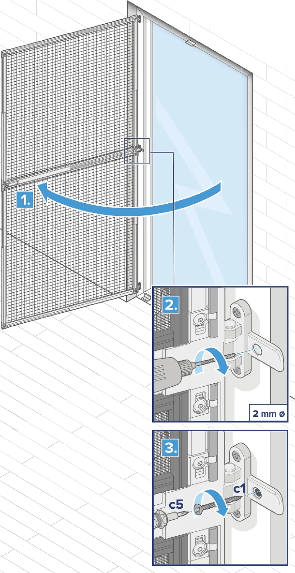 Abbildung mit Nahaufnahmen, die die Installation einer Schiebetür mit Fliegengitter zeigt. Schritt 1 zeigt die Gleitbewegung. Schritt 2 zeigt die Scharnierinstallation mit einer 2-mm-Anpassung mithilfe von Tesa-Klebeband. Schritt 3 zeigt die Scharnieranpassung mithilfe von Schrauben mit der Bezeichnung C5 und C1, die zur Präzision mit Tesa-Klebeband an Ort und Stelle befestigt werden. (This text has been generated by AI)