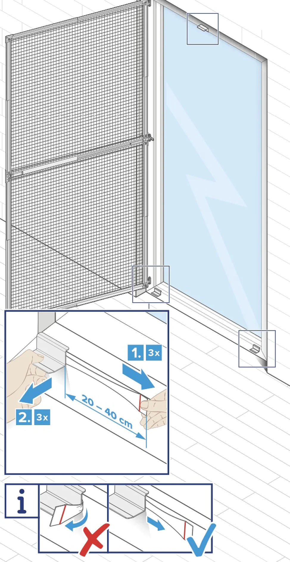 Abbildung zeigt die Montage eines Sicherheitsnetzes auf einem Balkon. Inklusive Details: Drei Haken im Abstand von 20-40 cm an der Decke befestigen und die Stange einführen. Das Netz wird unten mit Haken und Tesa-Klebeband befestigt. Anleitung zeigt richtige und falsche Vorgehensweise. (This text has been generated by AI)