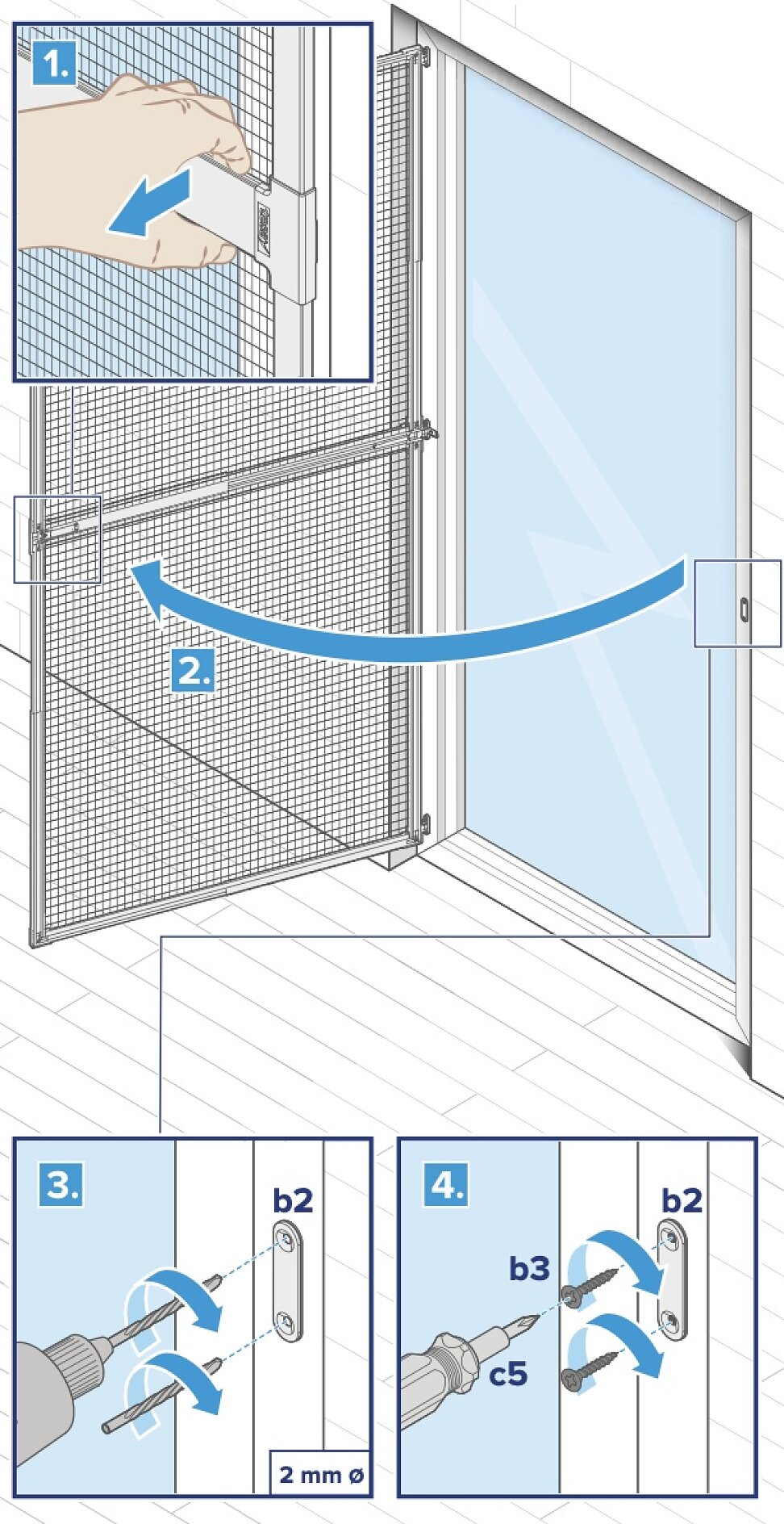 Anleitungsdiagramm mit den Schritten zum Installieren oder Anpassen eines Schiebetürgitters. Schritt 1: Griff verschieben. Schritt 2: Gitter öffnen. Schritt 3: 2 mm großes Loch bohren. Schritt 4: Mit Schrauben mit der Bezeichnung b2 und c5 befestigen und für zusätzliche Sicherheit Tesa-Klebeband verwenden. Jeder Schritt ist mit Pfeilen und Beschriftungen dargestellt. (This text has been generated by AI)