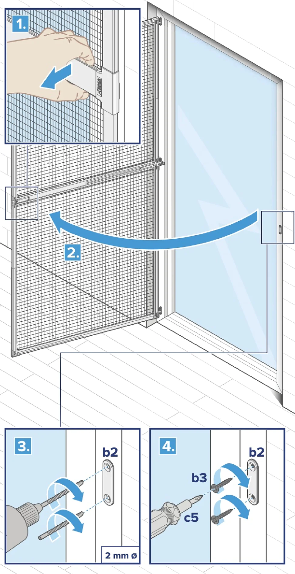 Anleitungsdiagramm mit den Schritten zum Installieren oder Anpassen eines Schiebetürgitters. Schritt 1: Griff verschieben. Schritt 2: Gitter öffnen. Schritt 3: 2 mm großes Loch bohren. Schritt 4: Mit Schrauben mit der Bezeichnung b2 und c5 befestigen und für zusätzliche Sicherheit Tesa-Klebeband verwenden. Jeder Schritt ist mit Pfeilen und Beschriftungen dargestellt. (This text has been generated by AI)