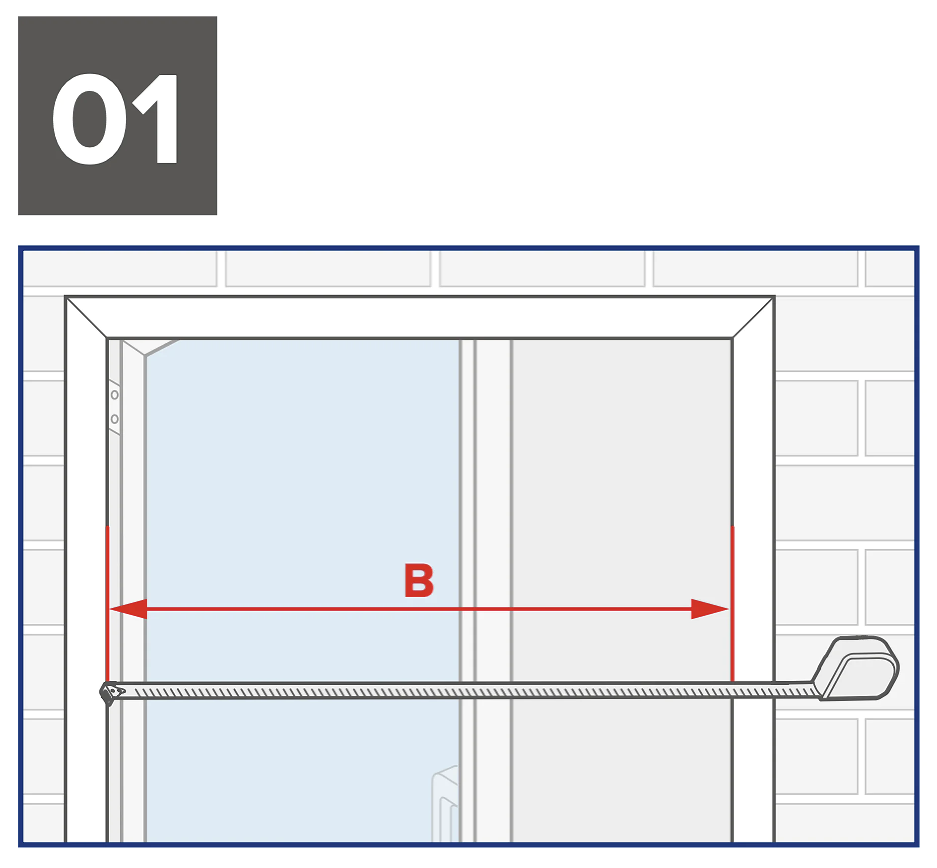 Schematische Darstellung eines Fensters mit Jalousien, das zeigt, wie die Breite gemessen wird (mit B gekennzeichnet). Ein Pfeil, der die Messung angibt, verläuft horizontal über das Fenster. Das Bild ist in der oberen linken Ecke mit der Nummer 01 gekennzeichnet. (This text has been generated by AI)