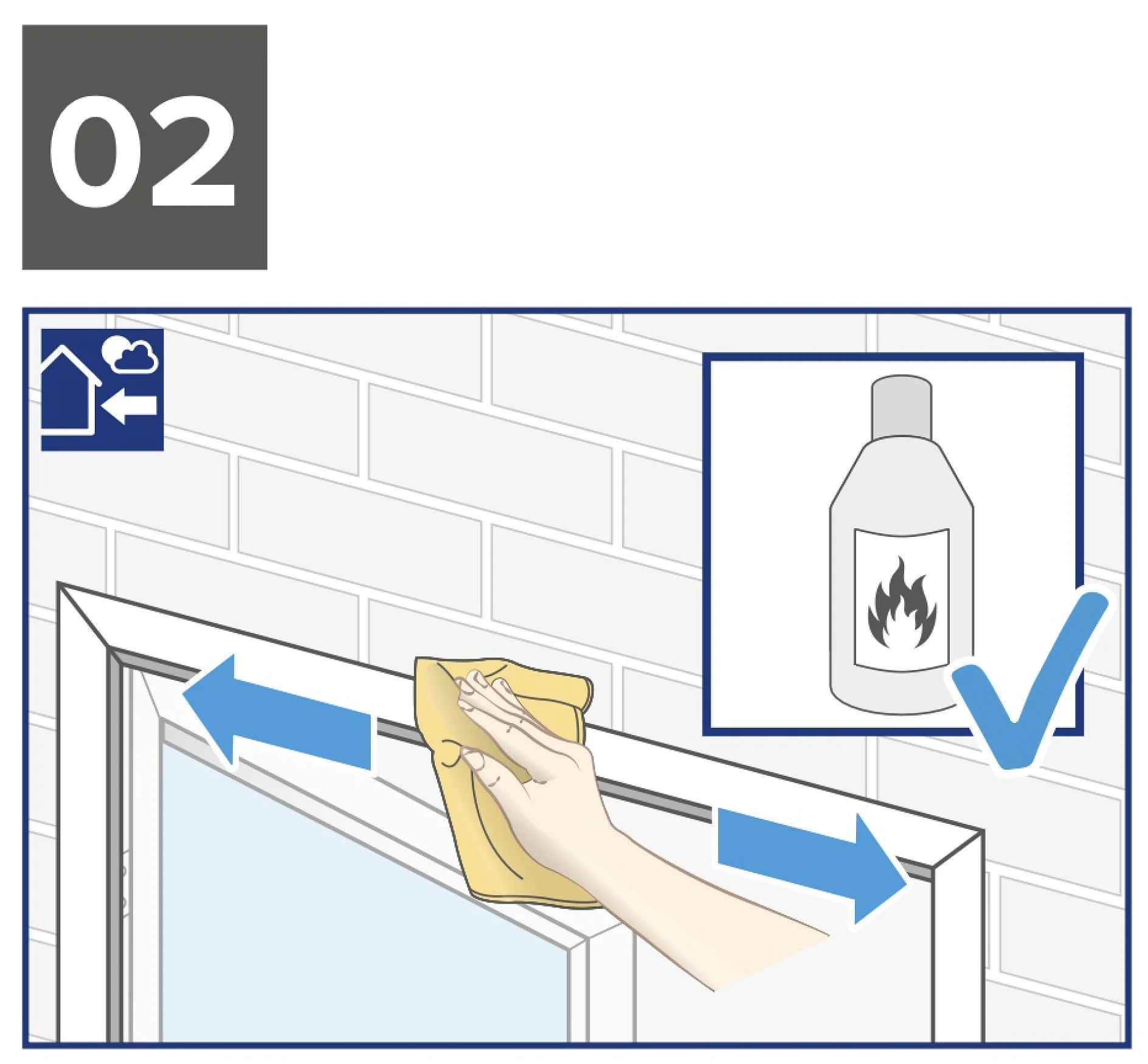 Abbildung: Hände, die einen Fensterrahmen mit einem Tuch reinigen. In einem Einschub ist eine Flasche mit einem Flammensymbol zu sehen. Ein blaues Häkchen zeigt die Zulassung von Tesa-Klebeband an. In der oberen linken Ecke befindet sich in einem grauen Quadrat die Nummer „02“. (This text has been generated by AI)