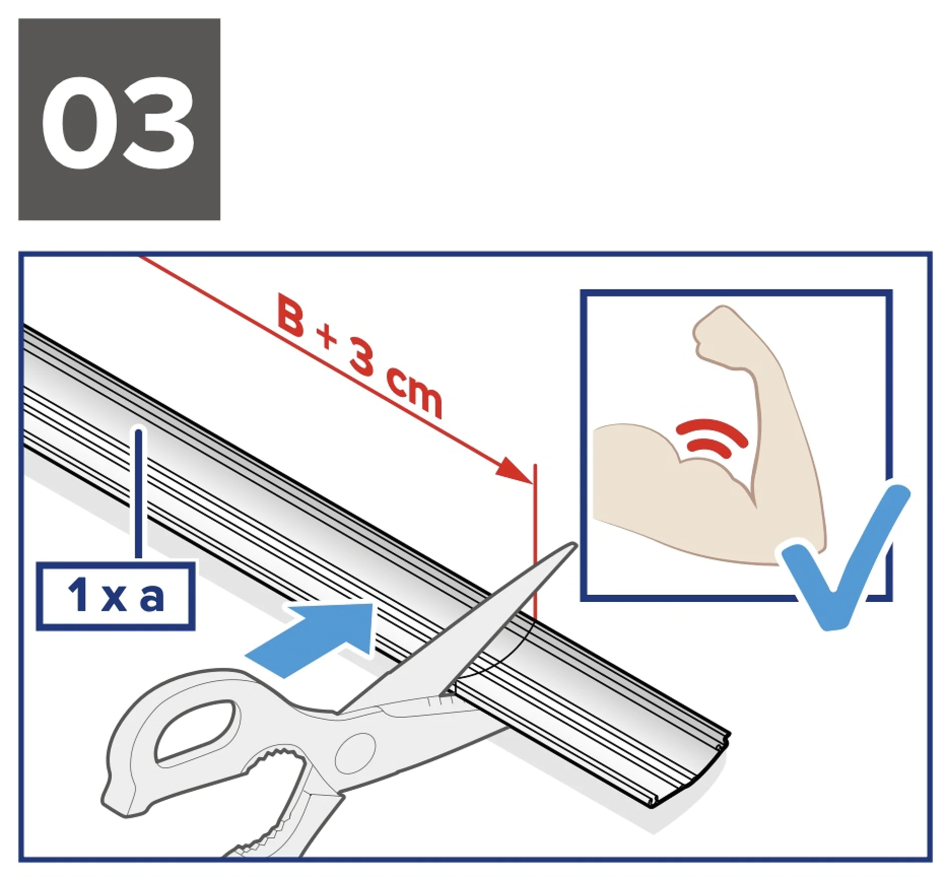 Abbildung: Ein Schneidwerkzeug schneidet einen Stab mit der Beschriftung „1 x a“. In einem separaten Kästchen erscheint ein gebeugter Arm mit einem Häkchen. Das Maß „B + 3 cm“ ist angegeben, und „Tesaband“ dient zur Präzision. In der Ecke steht die Nummer „03“ in einem grauen Kästchen. (This text has been generated by AI)