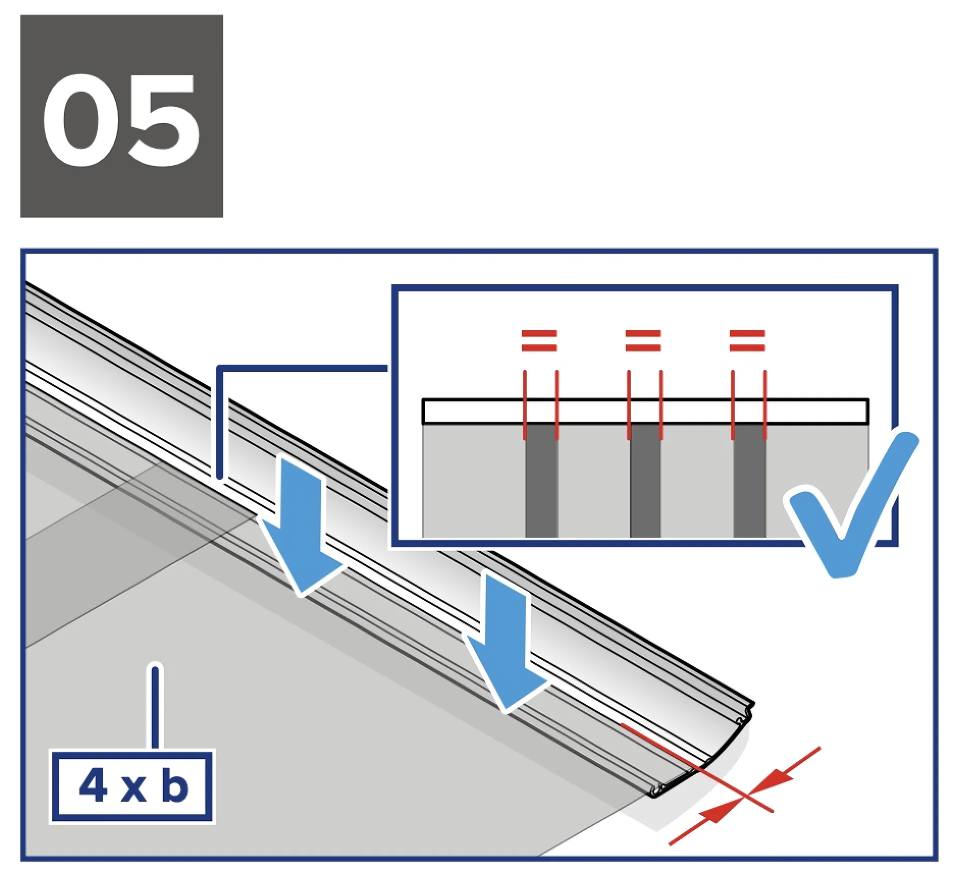 Anleitungsdiagramm mit der Bezeichnung „05“, das einen Montageprozess zeigt. Das Hauptbild zeigt drei nach unten zeigende Pfeile auf einen Querschnitt einer rinnenartigen Struktur. Das eingefügte Diagramm zeigt eine Schnittansicht, die die Ausrichtung anzeigt. „4 x Tesa-Klebeband“ ist in einem Kästchen beschriftet. (This text has been generated by AI)
