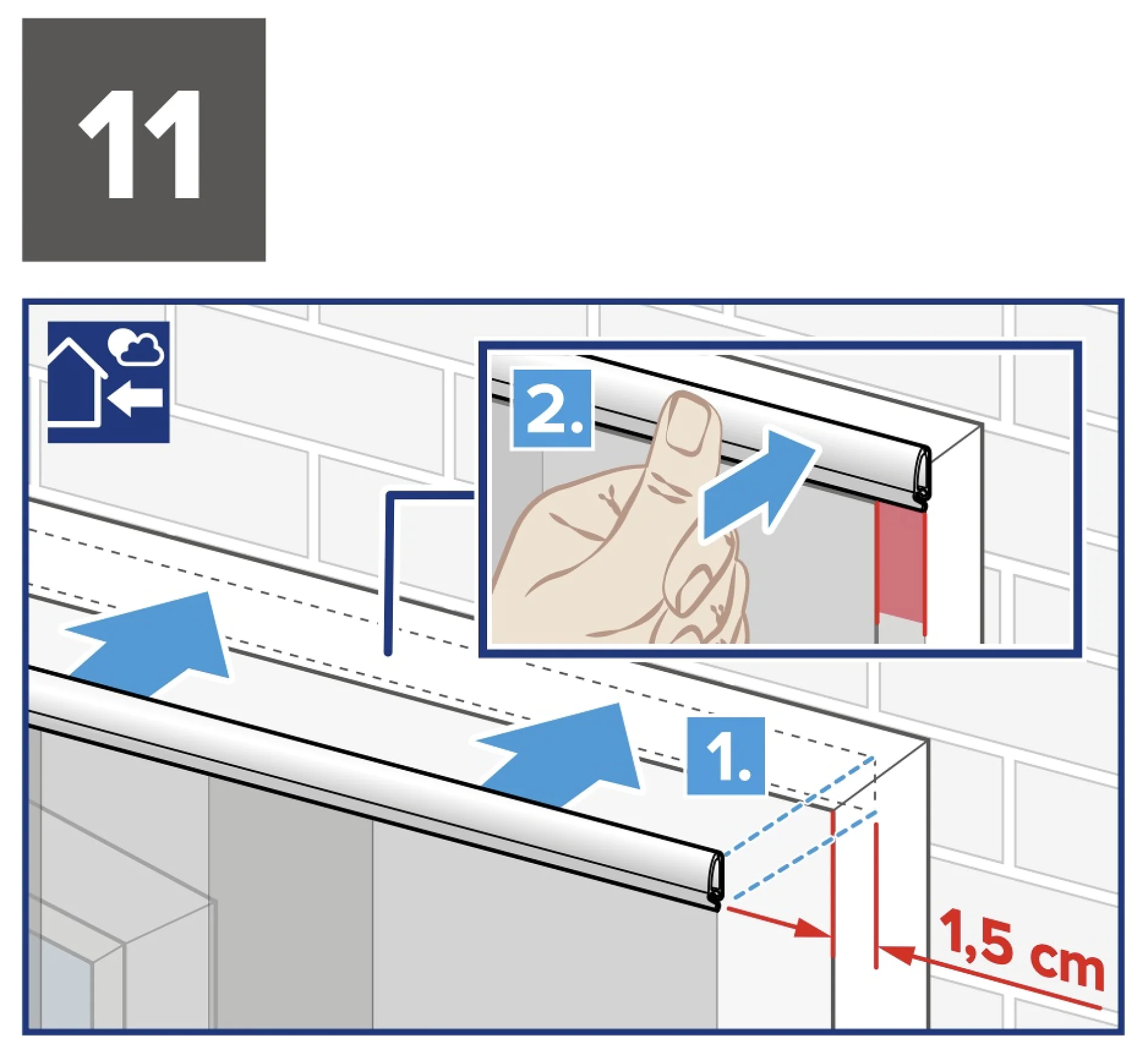 Abbildung einer Person, die eine Gardinenstange an einer Wand befestigt. Schritt 1 zeigt, wie die Stange 1,5 cm vom Rand entfernt ausgerichtet wird. Schritt 2 zeigt, wie die Stange von Hand mit Tesa-Klebeband befestigt wird. Nummer 11 und Symbole zeigen die Montageschritte und die zugehörigen Anweisungen an. (This text has been generated by AI)