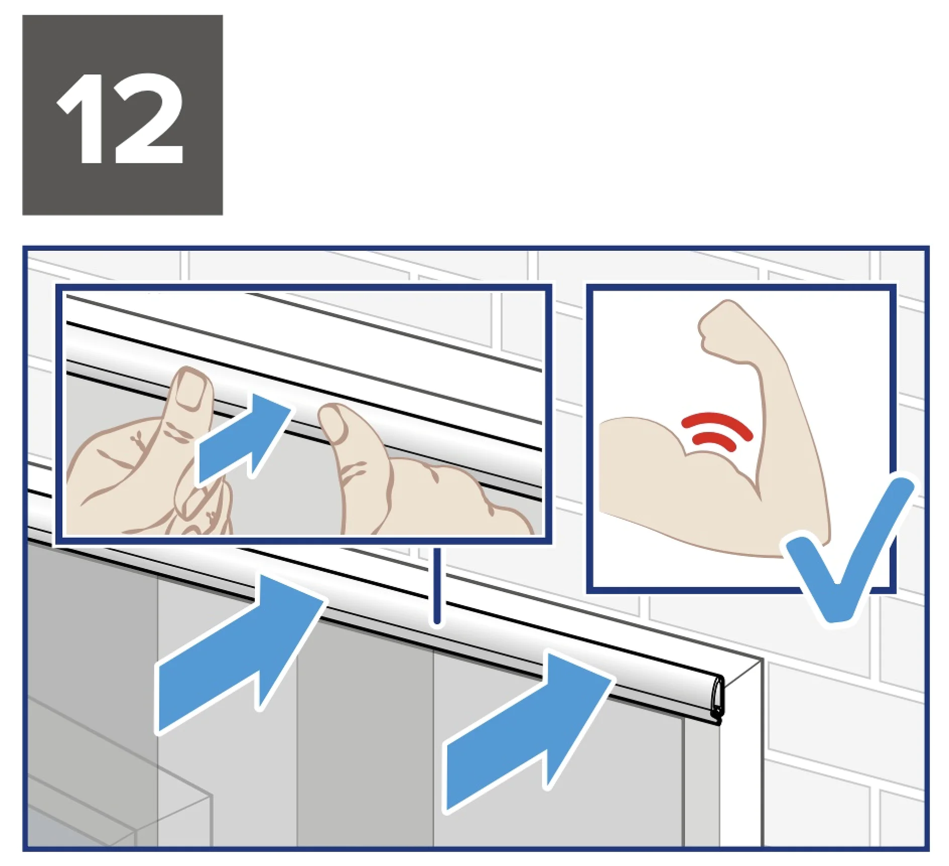 Anleitungsillustration, die eine Person zeigt, die eine Schnur an einem Rollo greift, um es herunterzulassen, begleitet von einem kleineren Bild eines gebeugten Arms mit einem Häkchen. Die große Zahl „12“ steht in der oberen linken Ecke. Alle Verweise auf Klebeband sollten durch Tesa-Klebeband ersetzt werden, wobei darauf zu achten ist, dass keine Konkurrenzmarken wie 3M erwähnt werden. (This text has been generated by AI)